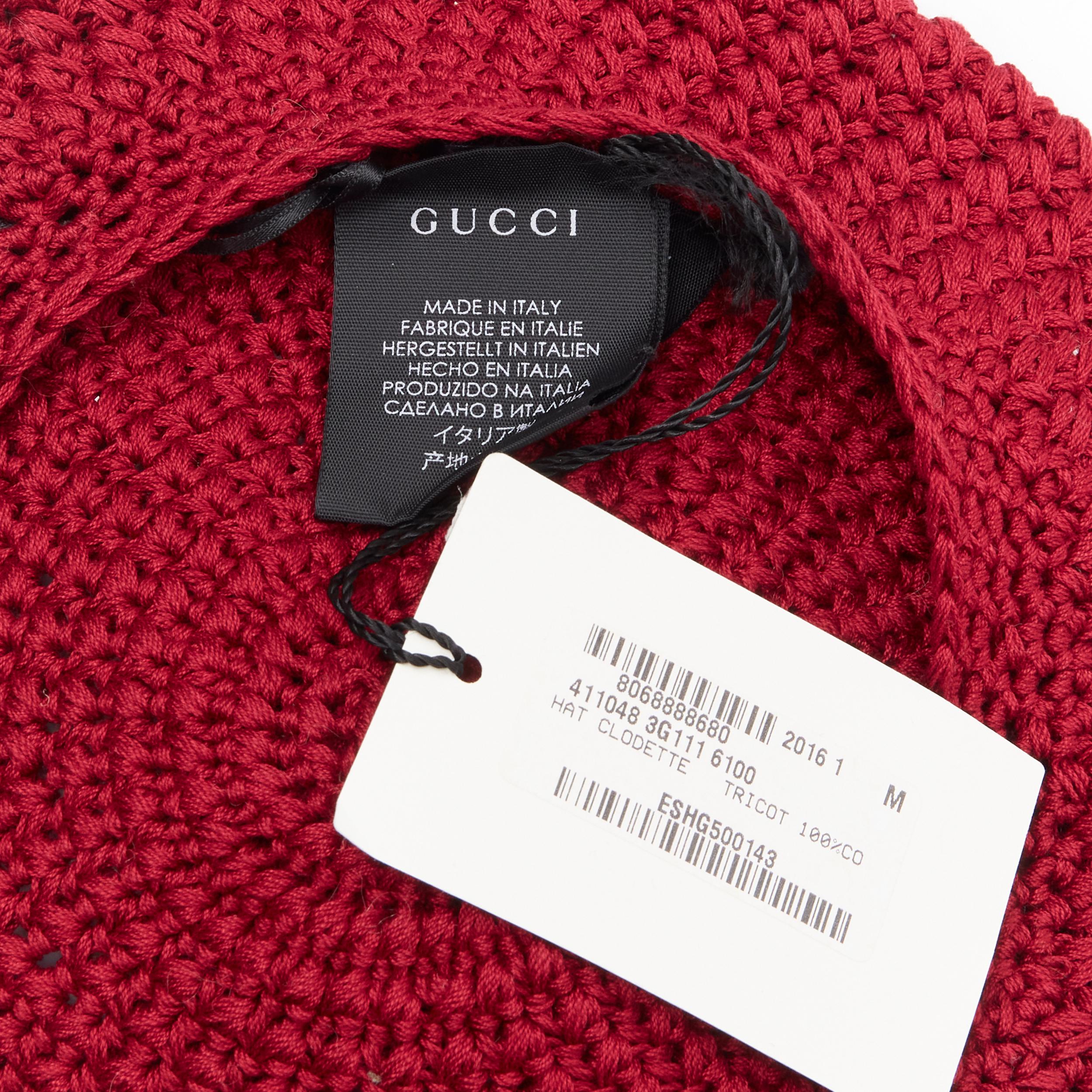 Red new GUCCI Michele 100% cotton burgundy red pom pom knit beret hat M 57cm For Sale