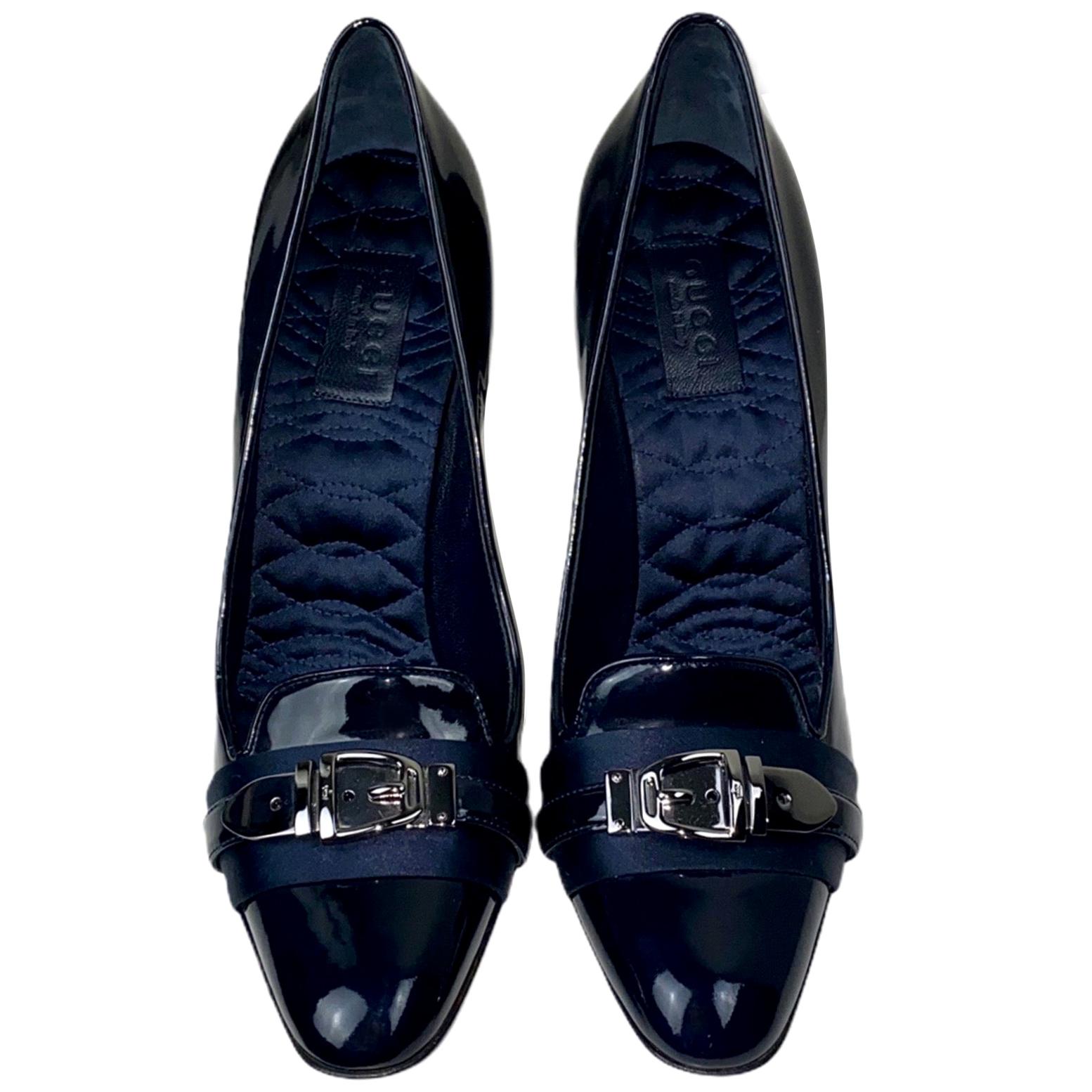 UNWORN Gucci Midnight Blue Tuxedo Satin Patent Leather High Heels Pumps 
