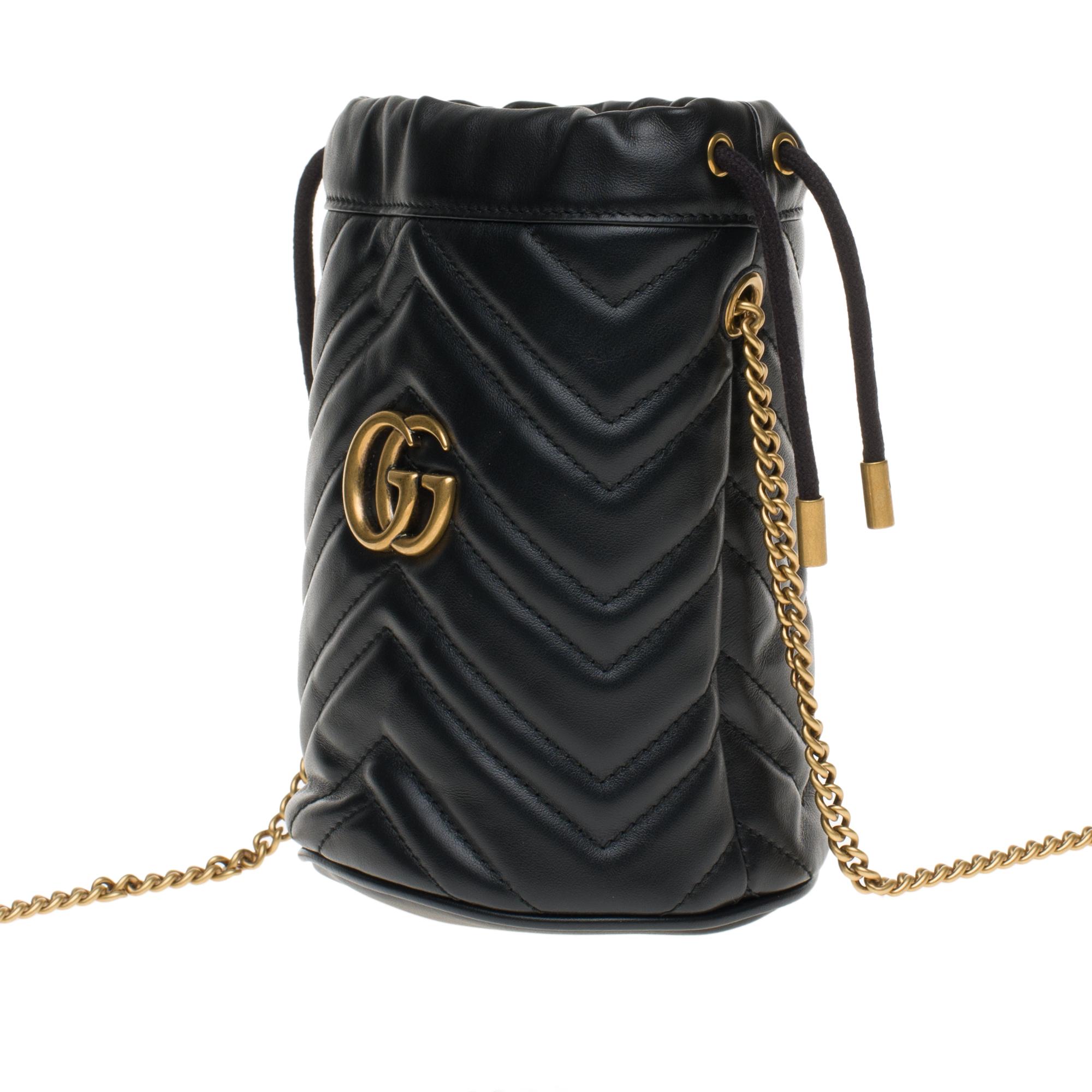 New GUCCI mini bucket bag GG Marmont in black quilted leather with chevrons In New Condition In Paris, IDF