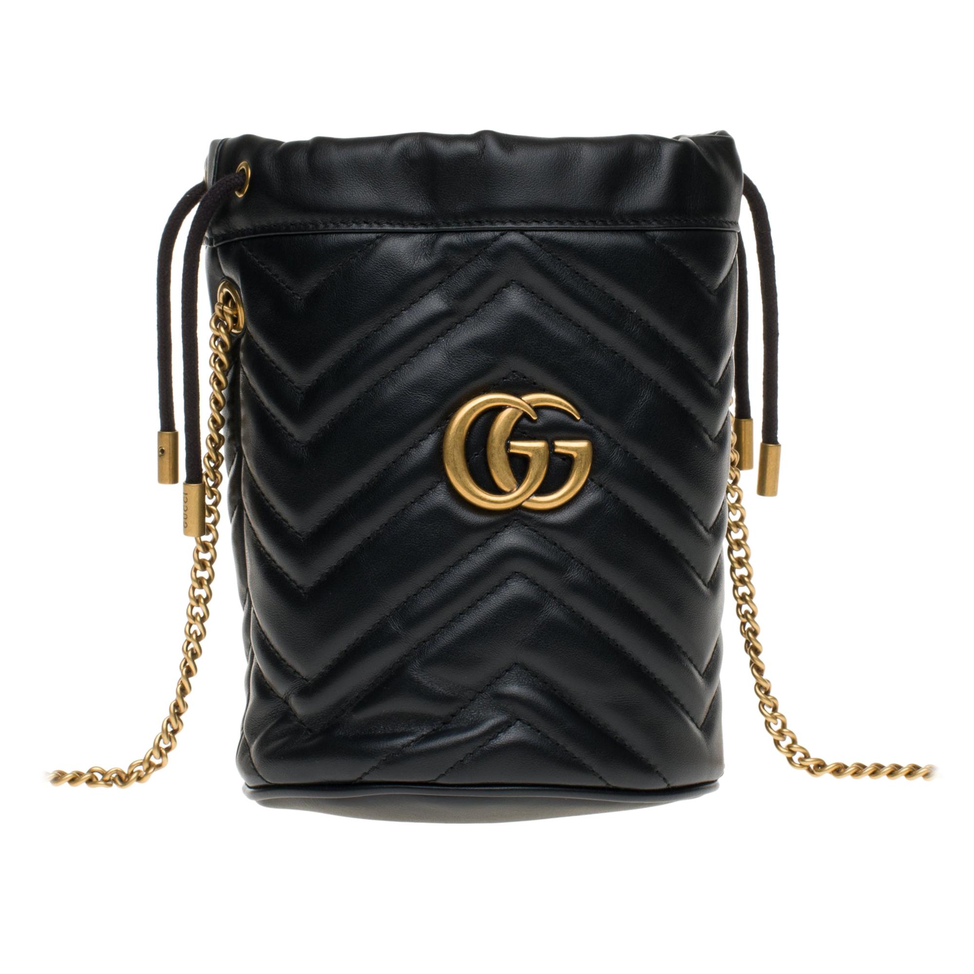 New GUCCI mini bucket bag GG Marmont in black quilted leather with chevrons