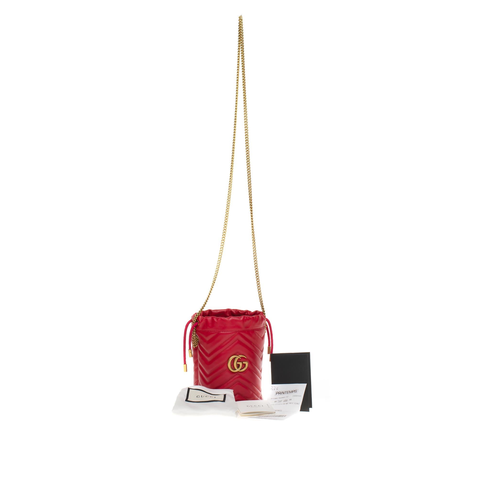 New GUCCI mini bucket bag GG Marmont in red quilted leather with chevrons 2