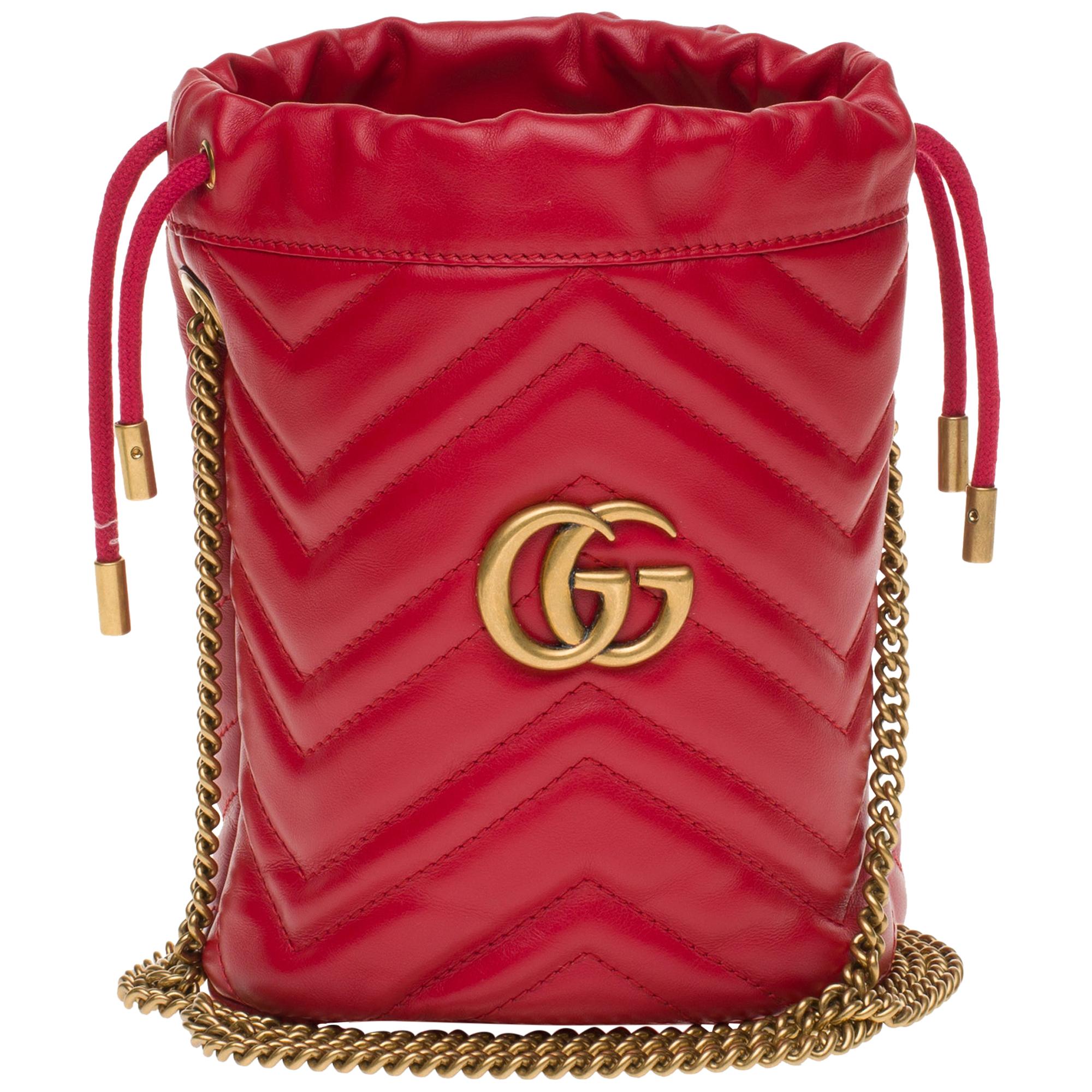 New GUCCI mini bucket bag GG Marmont in red quilted leather with chevrons