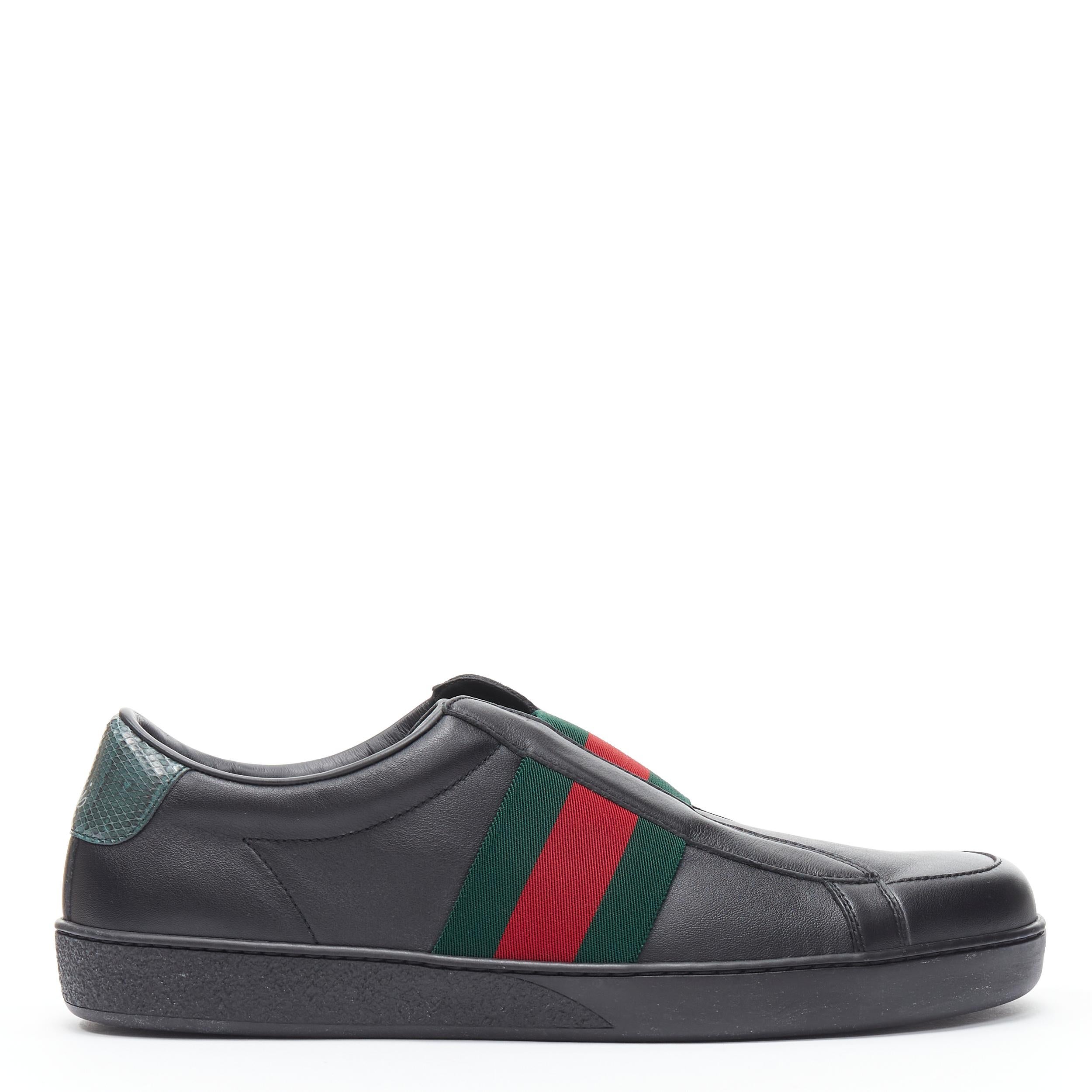 new GUCCI Miro Soft Web Ace black leather pull on low top sneaker UK7.5 EU41.5 
Reference: TGAS/B01266 
Brand: Gucci 
Model: Miro Soft Black Web Ace 
Material: Leather 
Color: Black 
Pattern: Solid 
Extra Detail: Signature web across vamp. Round