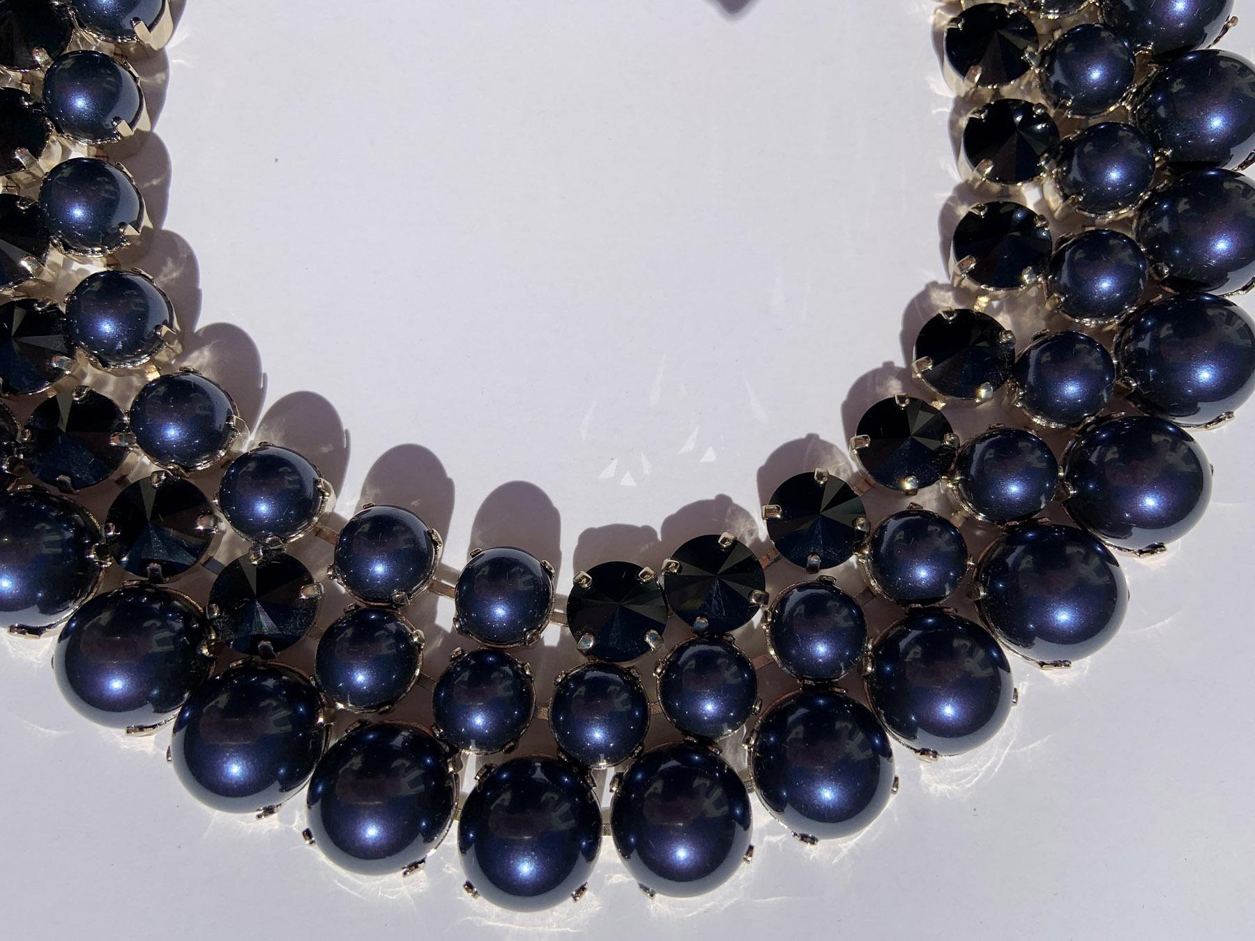New Gucci Navy Blue Pearl Effect with Black Swarovski Crystals Necklace  In New Condition For Sale In Montgomery, TX