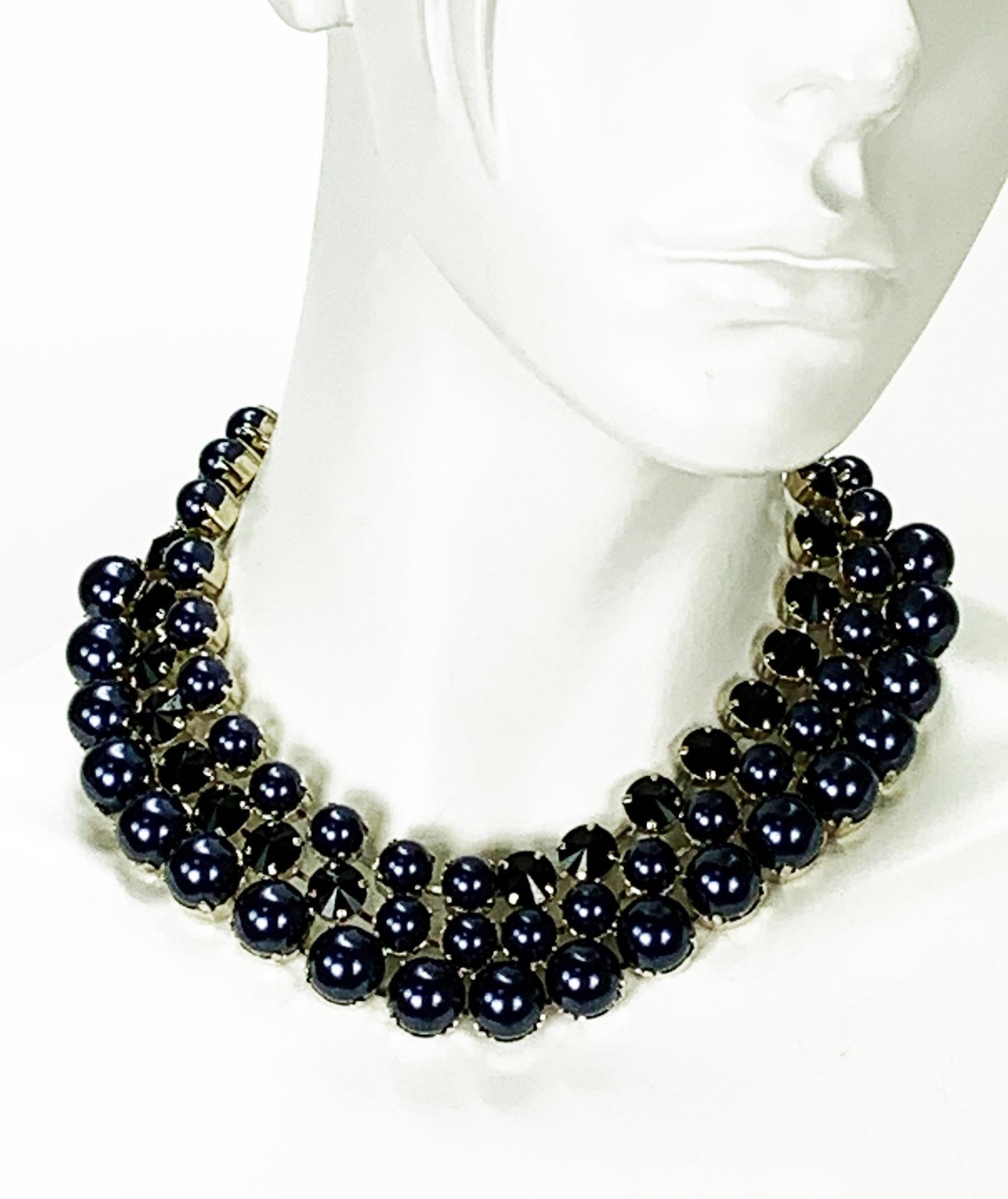 New Gucci Navy Blue Pearl Effect with Black Swarovski Crystals Necklace  For Sale 3