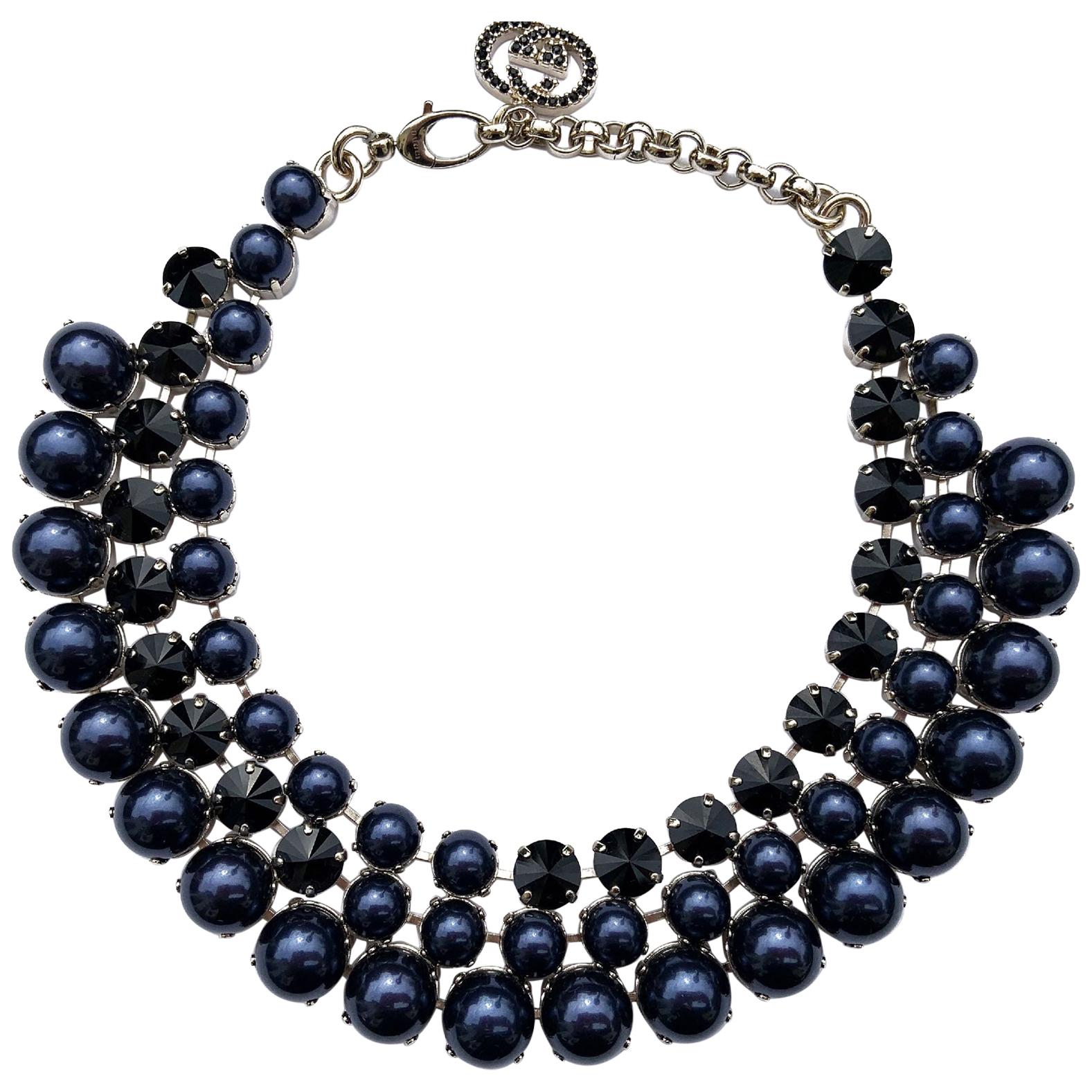 New Gucci Navy Blue Pearl Effect with Black Swarovski Crystals Necklace  For Sale