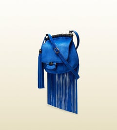 New Gucci Nouveau Blue Suede Fringe Bamboo Runway Bag 