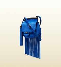 New Gucci Nouveau Blue Suede Fringe Bamboo Runway Bag