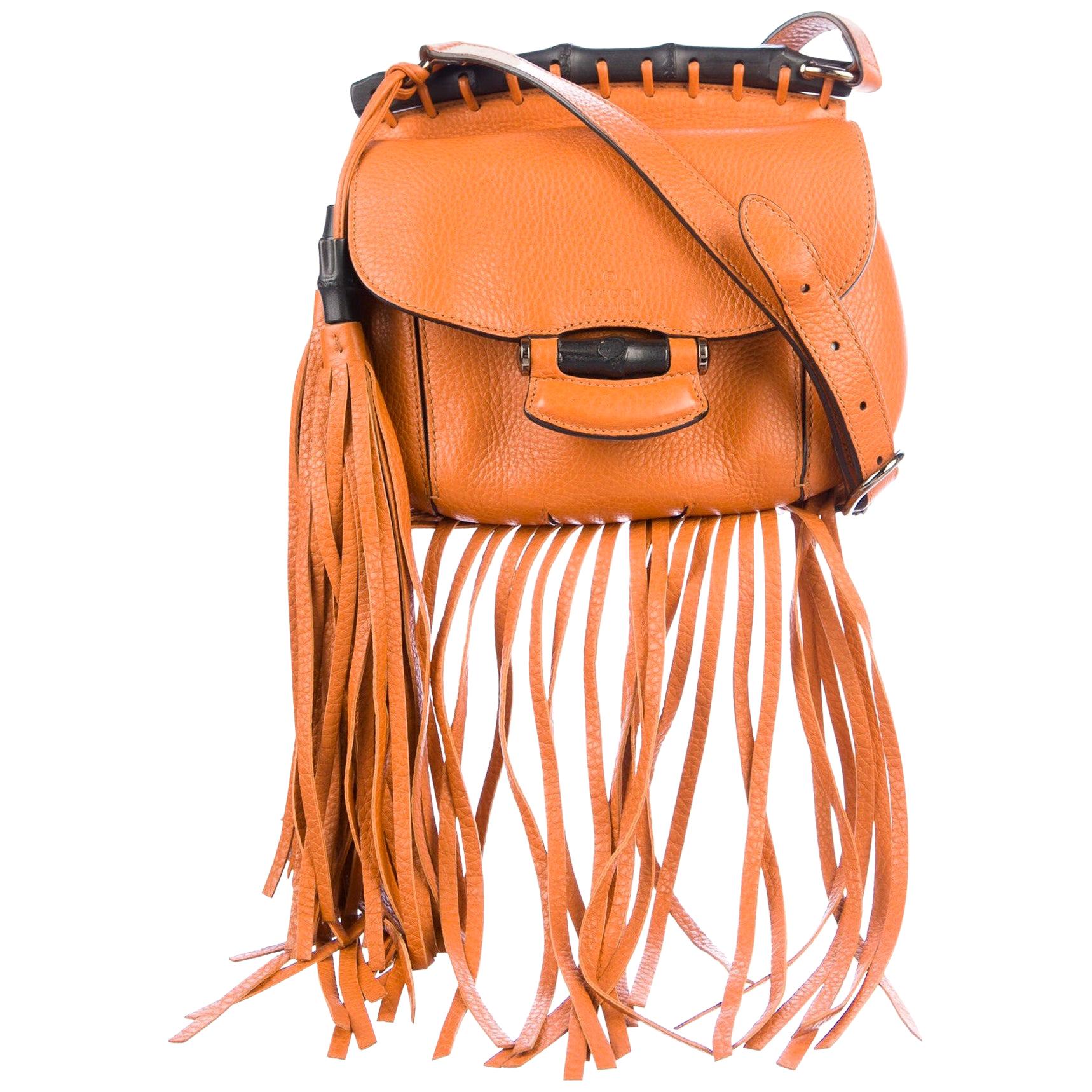 New Gucci Nouveau Leather Fringe Bamboo Runway Bag in Camel Orange