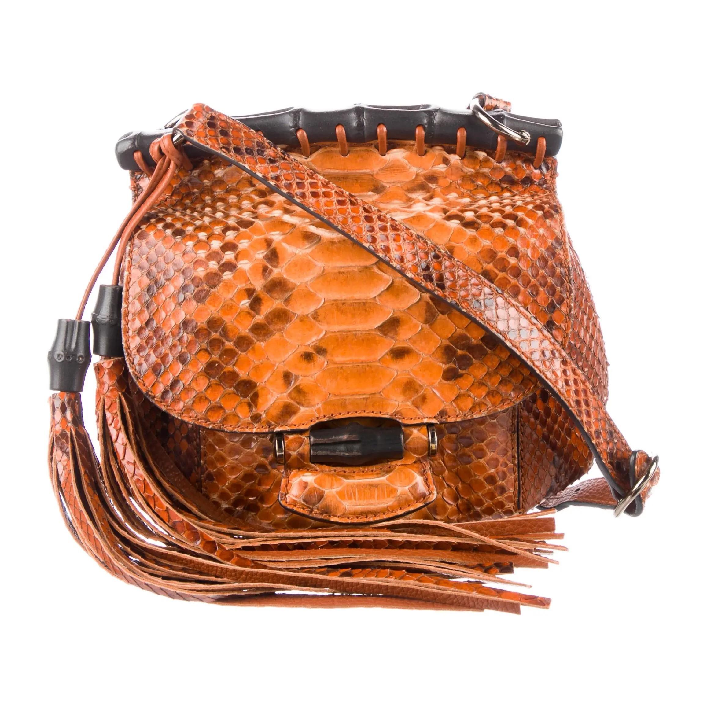 Neu Gucci Nouveau Python Fransen Bambus Laufsteg Tasche in Burnt Orange $3100 im Angebot 13