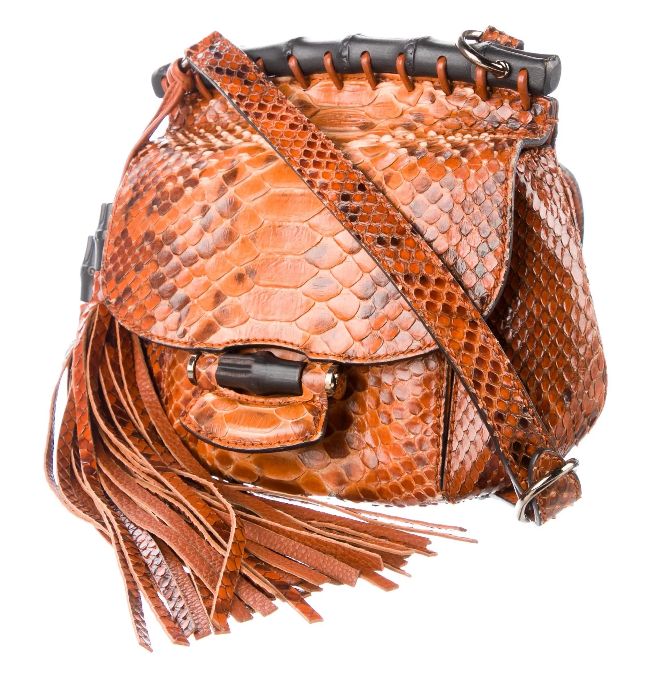 Neu Gucci Nouveau Python Fransen Bambus Laufsteg Tasche in Burnt Orange $3100 im Angebot 1
