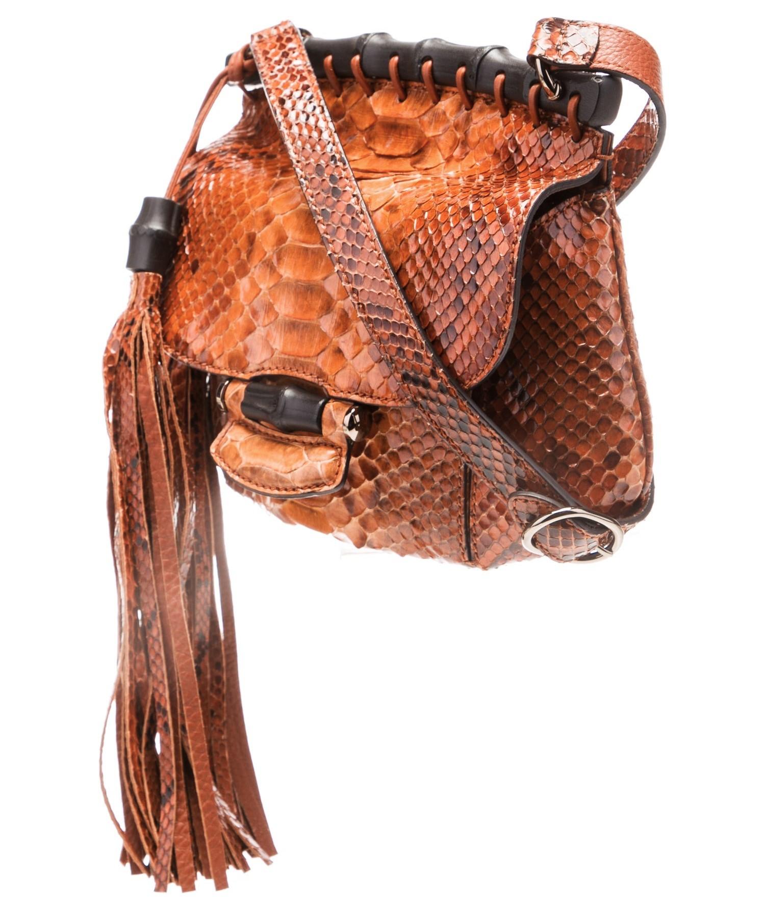 Neu Gucci Nouveau Python Fransen Bambus Laufsteg Tasche in Burnt Orange $3100 im Angebot 4