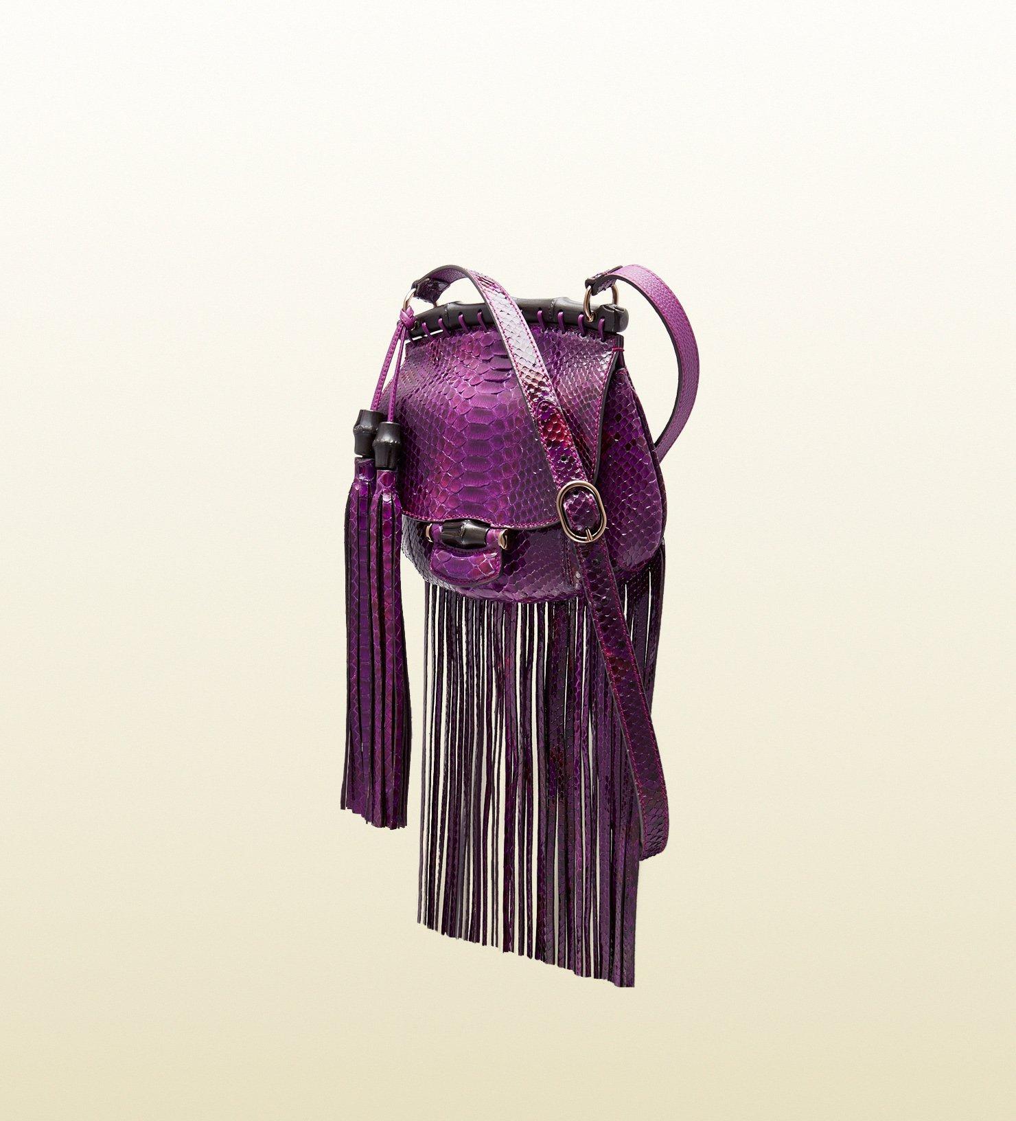 Black New Gucci Nouveau Python Fringe Bamboo Runway Bag in Plum $3100