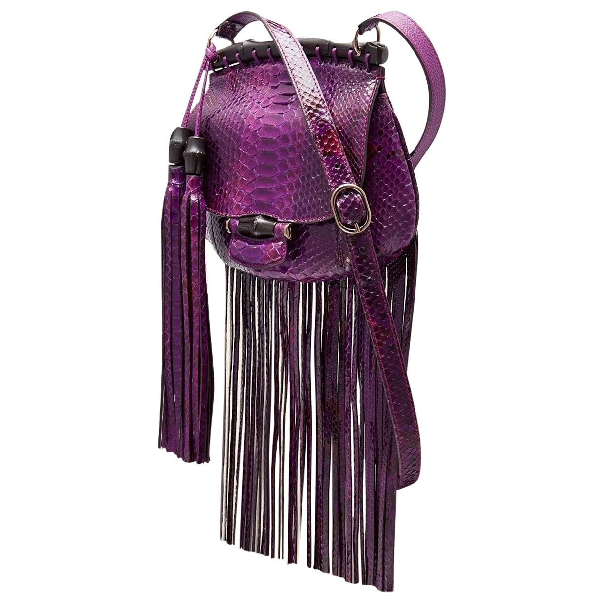 New Gucci Nouveau Python Fringe Bamboo Runway Bag in Plum $3100 11