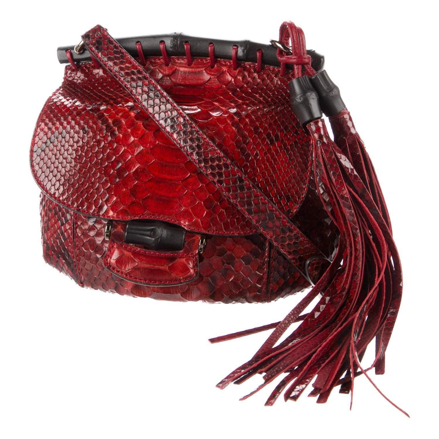 New Gucci Nouveau Python Fringe Bamboo Runway Bag in Red $3100 For Sale 14