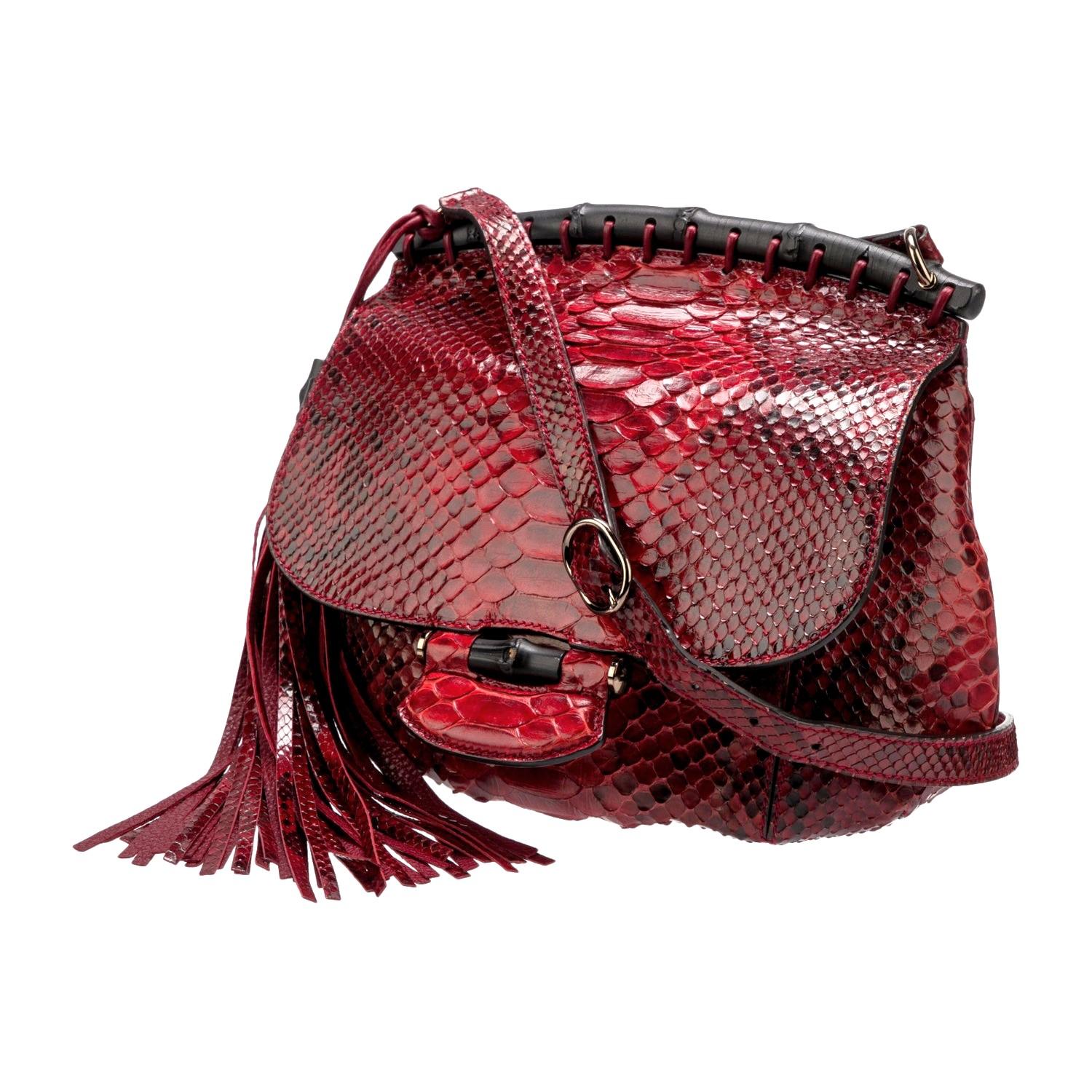 New Gucci Nouveau Python Fringe Bamboo Runway Bag in Red $3100 For Sale 15