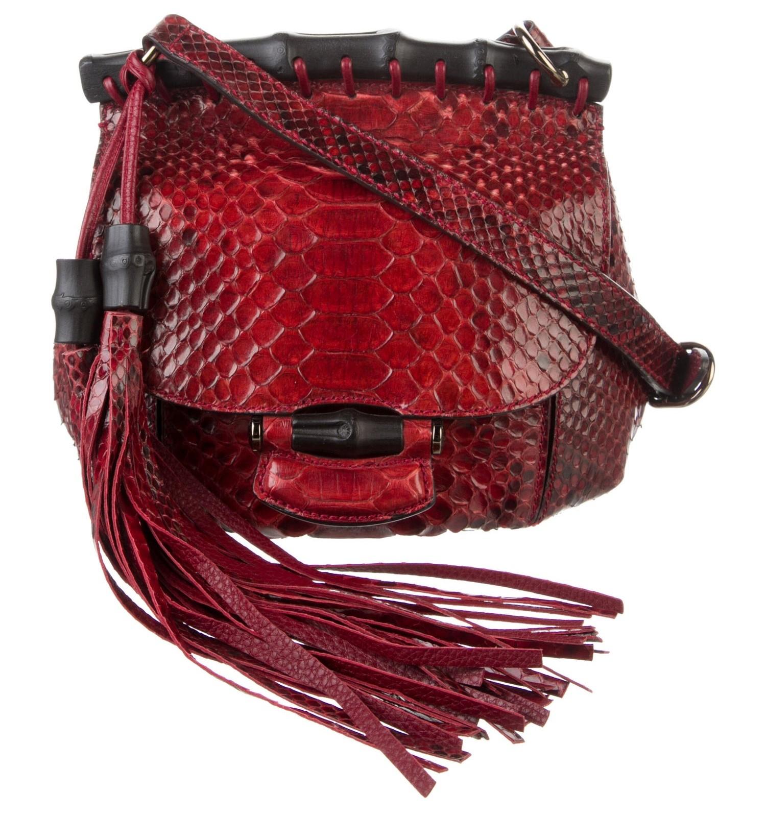 Women's New Gucci Nouveau Python Fringe Bamboo Runway Bag in Red $3100 For Sale