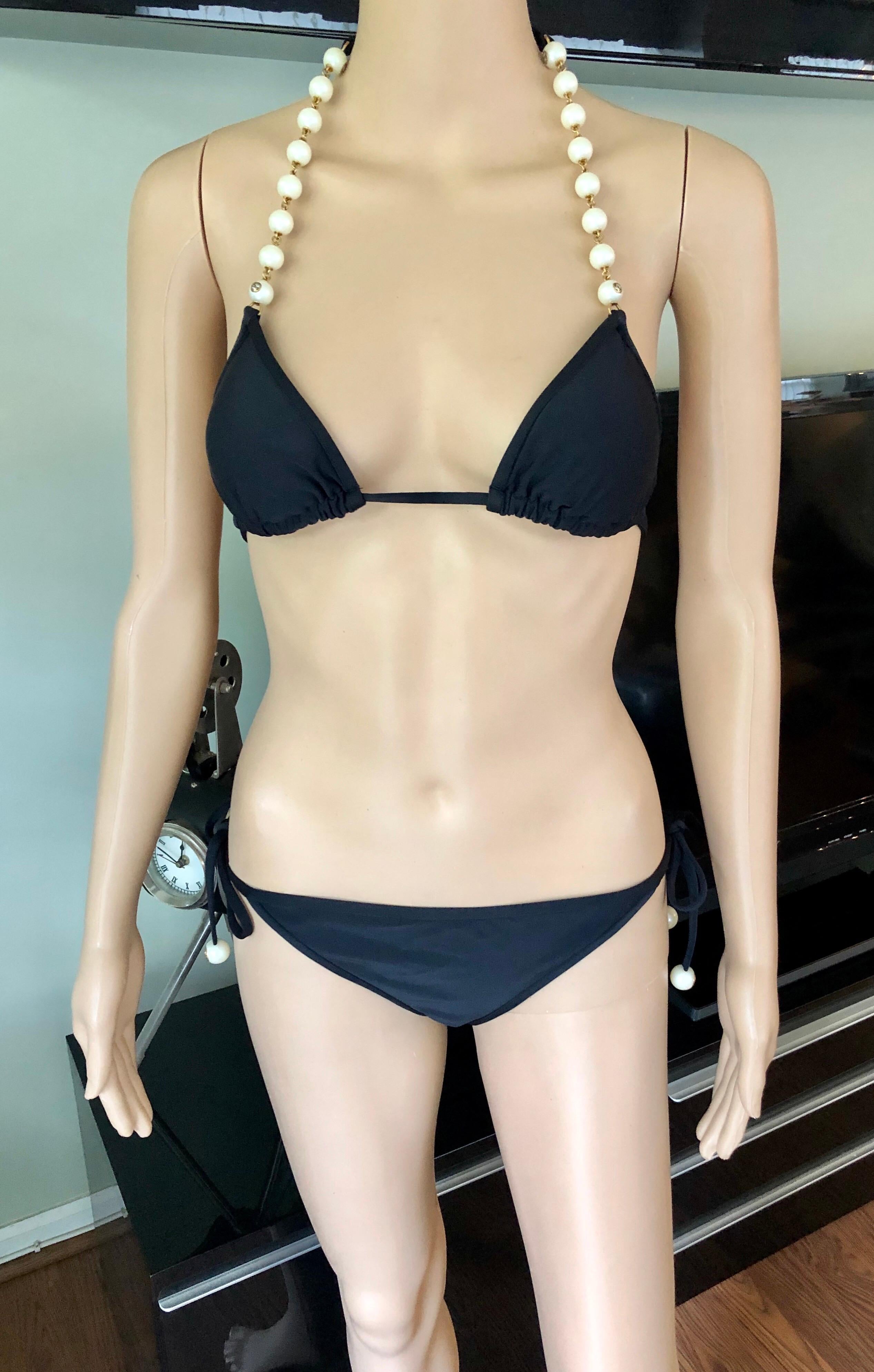 New Gucci Pearl Embellished GG Logo Black Two-Piece Bikini Set Swimwear Size M

