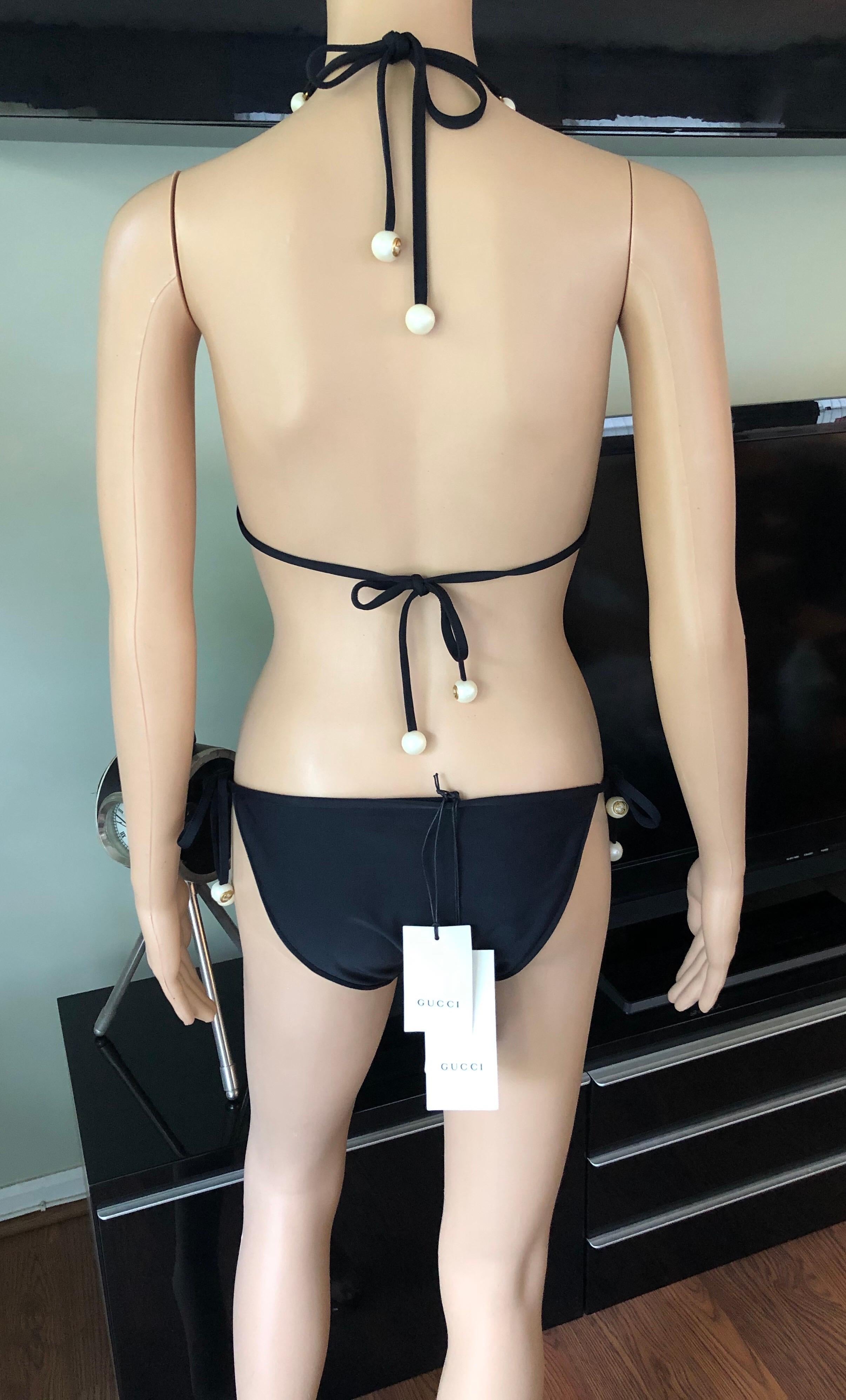 New Gucci Pearl Embellished GG Logo Black Two-Piece Bikini Set Swimwear In New Condition In Naples, FL