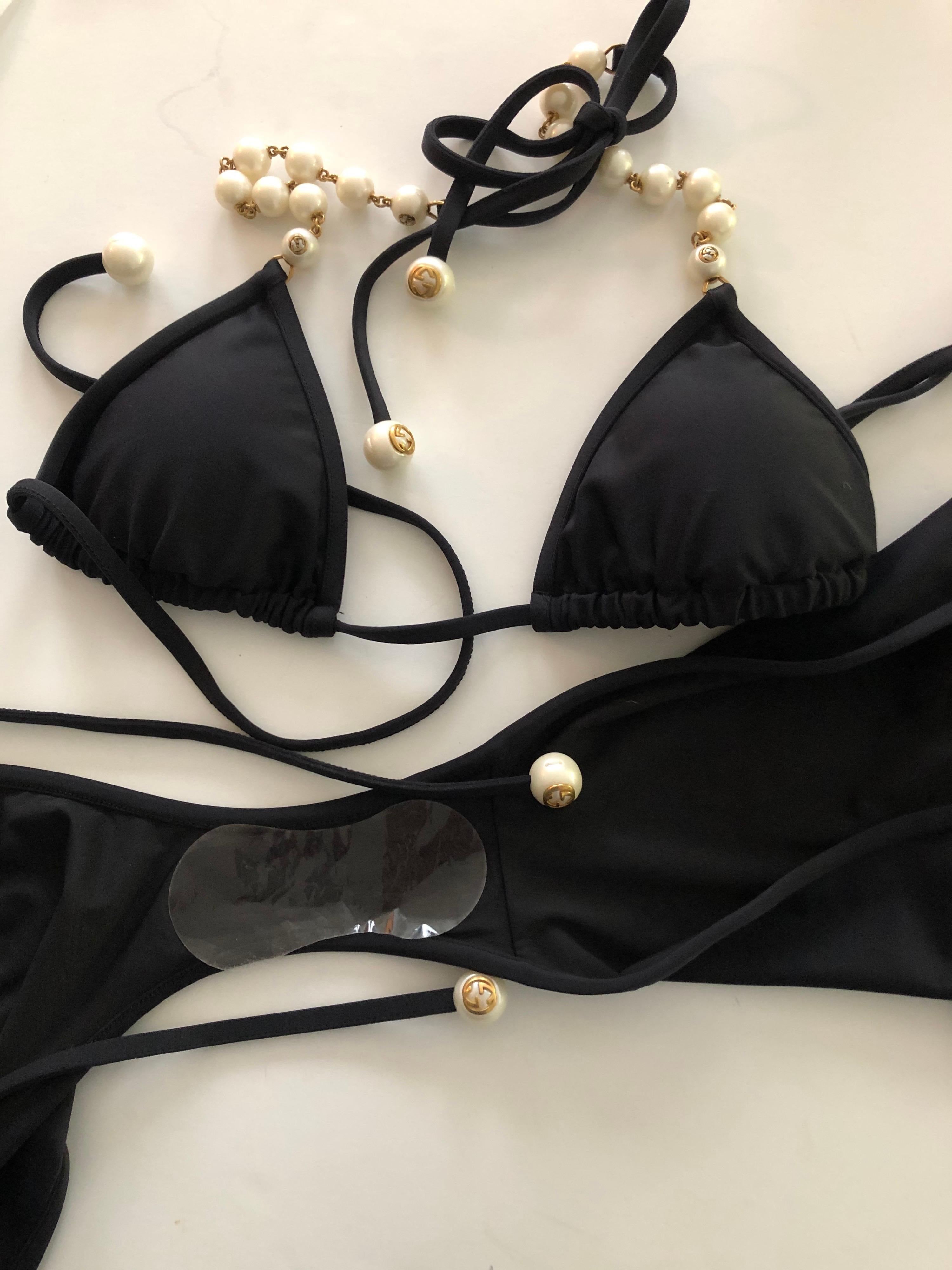New Gucci Pearl Embellished GG Logo Black Two-Piece Bikini Set Swimwear 2