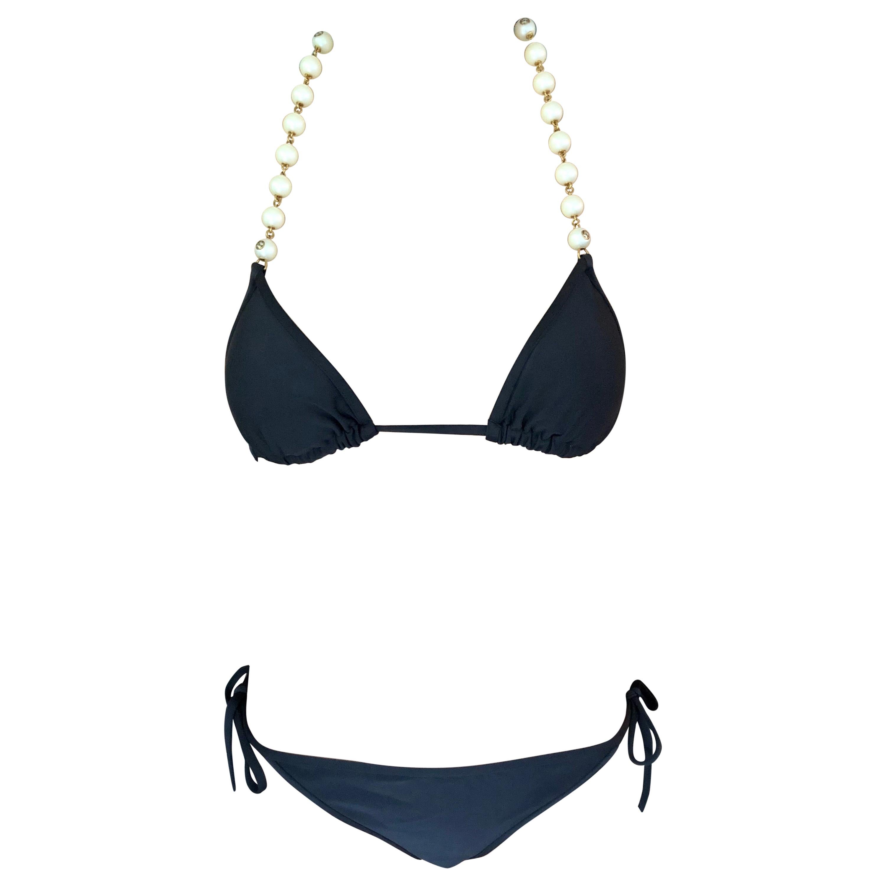 New Gucci Pearl Embellished GG Logo Black Two-Piece Bikini Set Swimwear