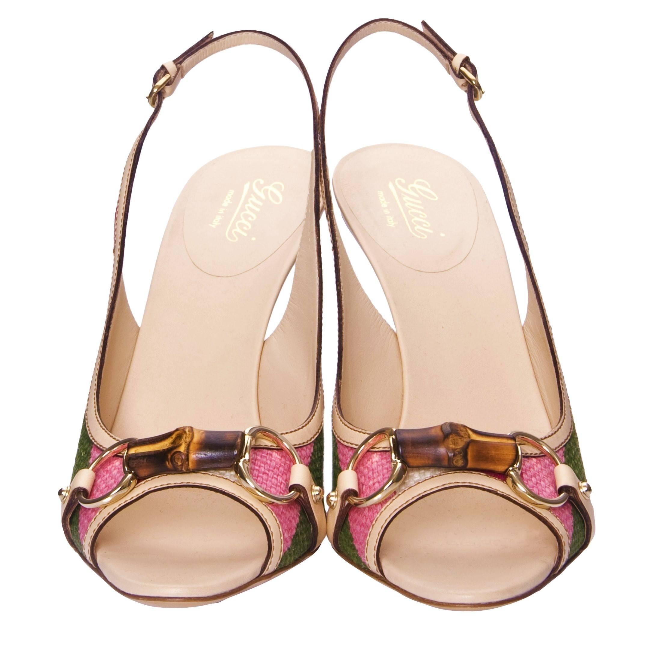 Gucci Slingback Heels 
Brand New
* Stunning in Pink & Green
* Size: 8.5
* Pink & Green Canvas
* Beige Leather Accents
* Adjustable Ankle Strap
* Bamboo Horsebit Toe
* 3.75