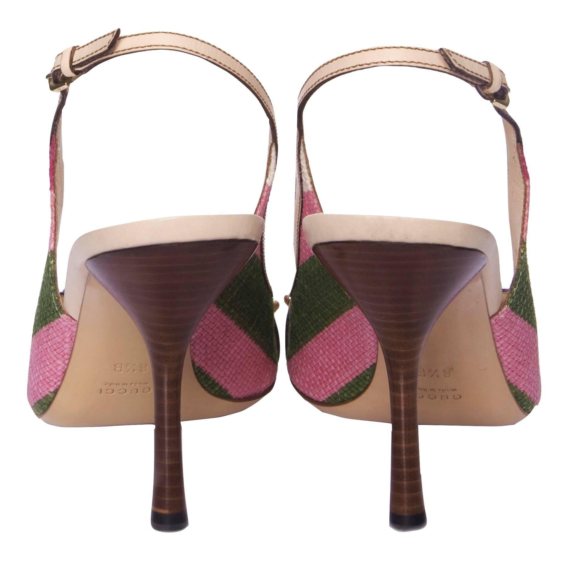 Beige New Gucci Pink & Green Striped Bamboo Web Horsebit Slingback Heels Size 8.5