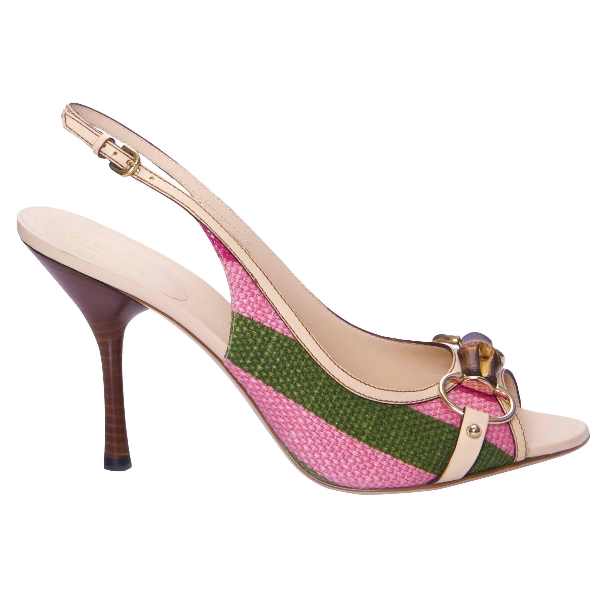 klud ophobe stout New Gucci Pink and Green Striped Bamboo Web Horsebit Slingback Heels Size  8.5 at 1stDibs