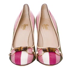 New Gucci Pink and Green Stripe Bamboo Web Horsebit Pumps Heels Sz 9.5