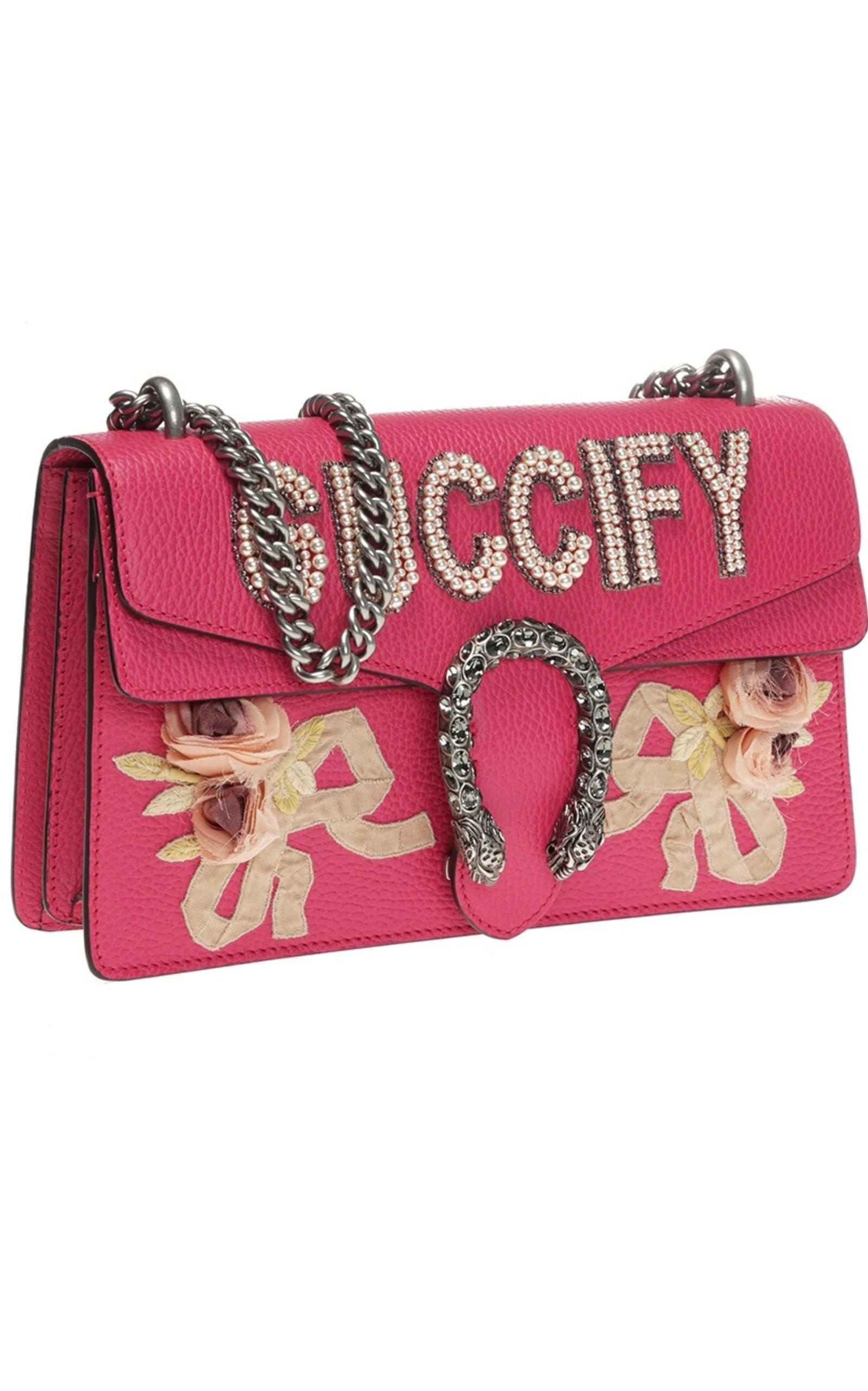 New Gucci Pink Leather Pearl Embellished Dionysus Shoulder Bag Collectible en vente 2