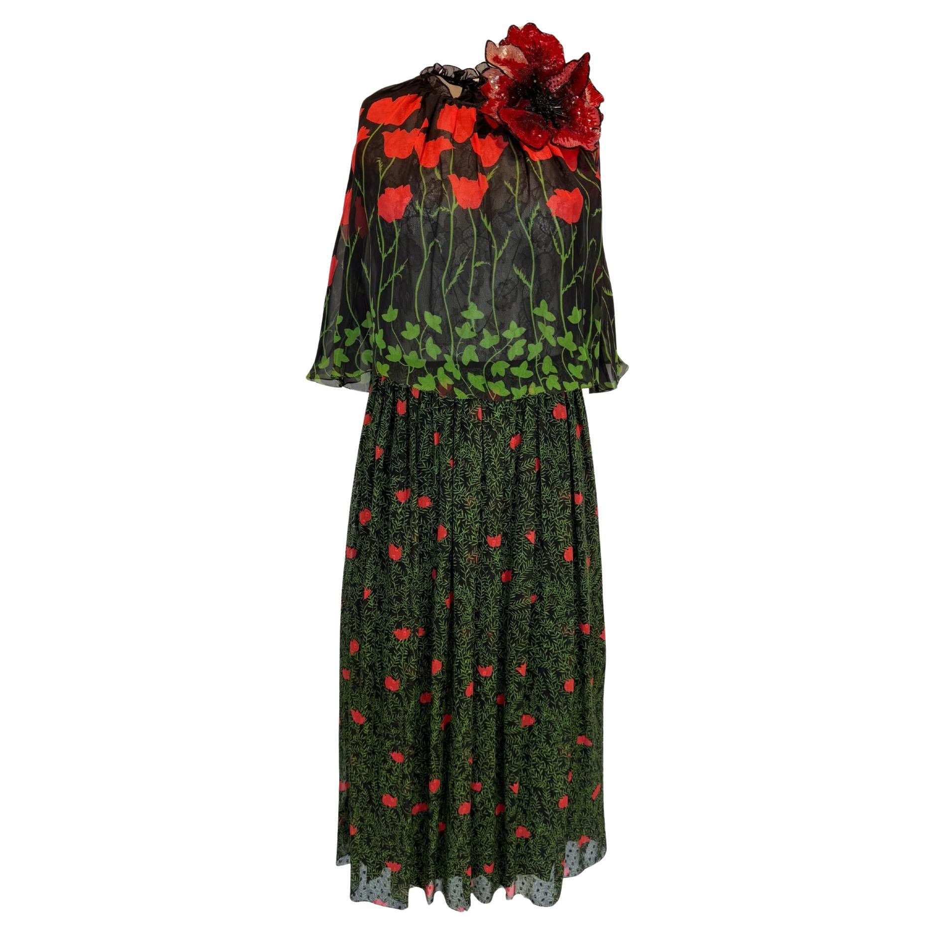New Gucci Poppy Field Fil Coupé Silk Cape Dress IT40
