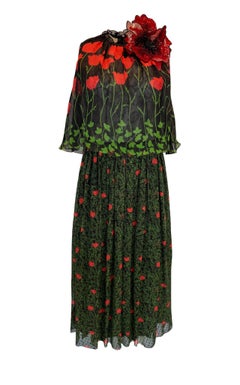New Gucci Poppy Field Fil Coupé Silk Cape Dress IT42