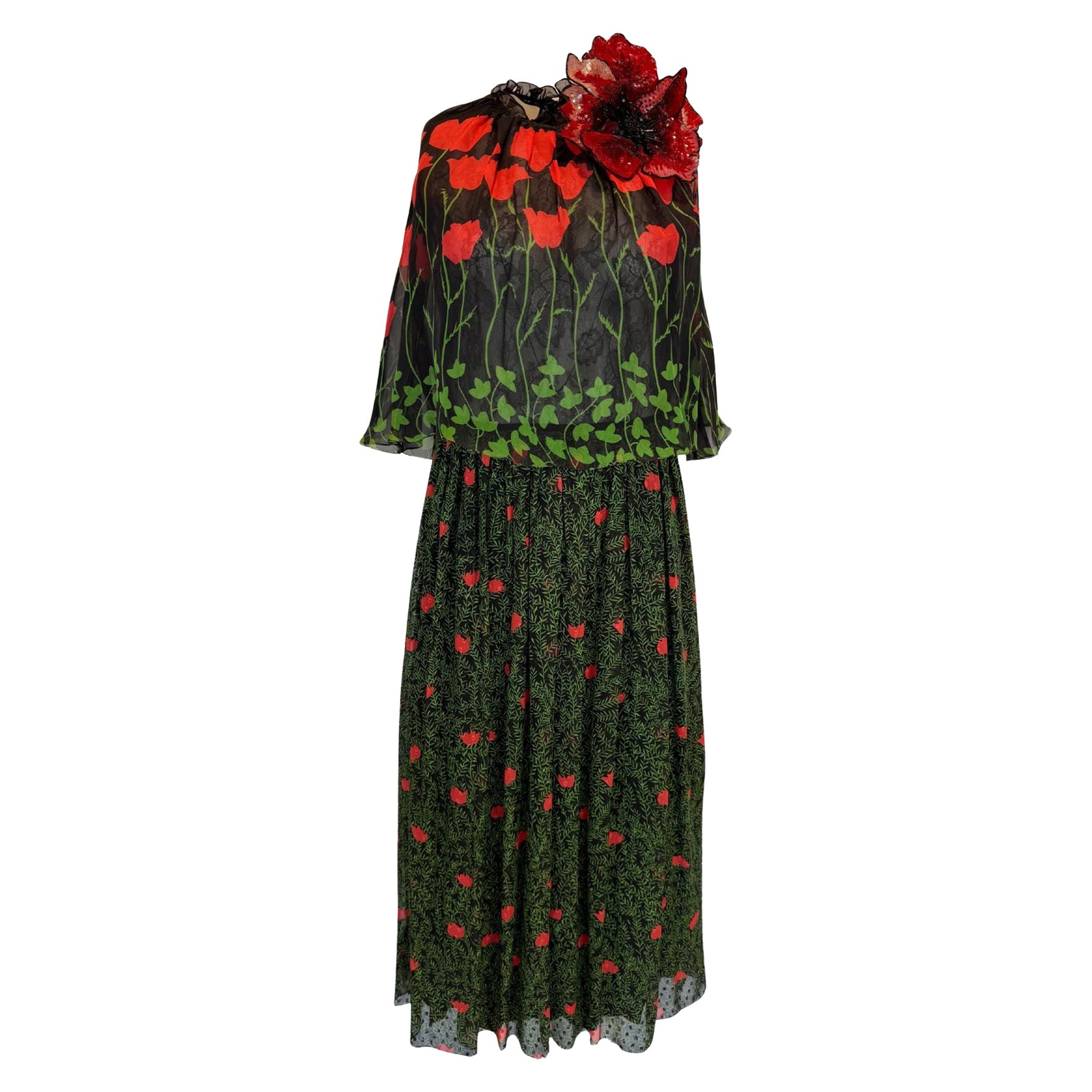 New Gucci Poppy Field Fil Coupé Silk Cape Dress IT42