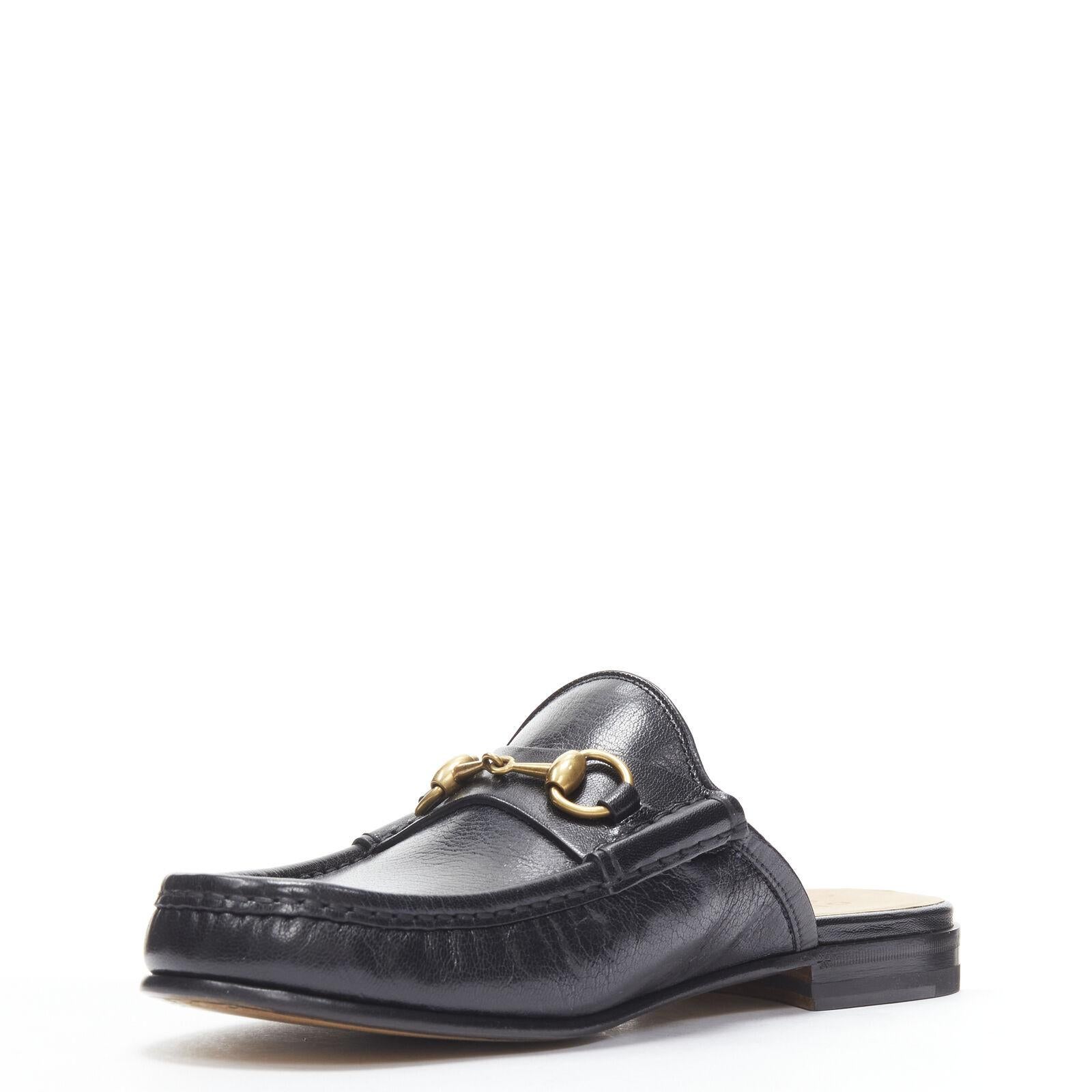 Men's new GUCCI Quentin Nero black leather gold Horsebit slip on loafer EU9.5 EU42.5 For Sale