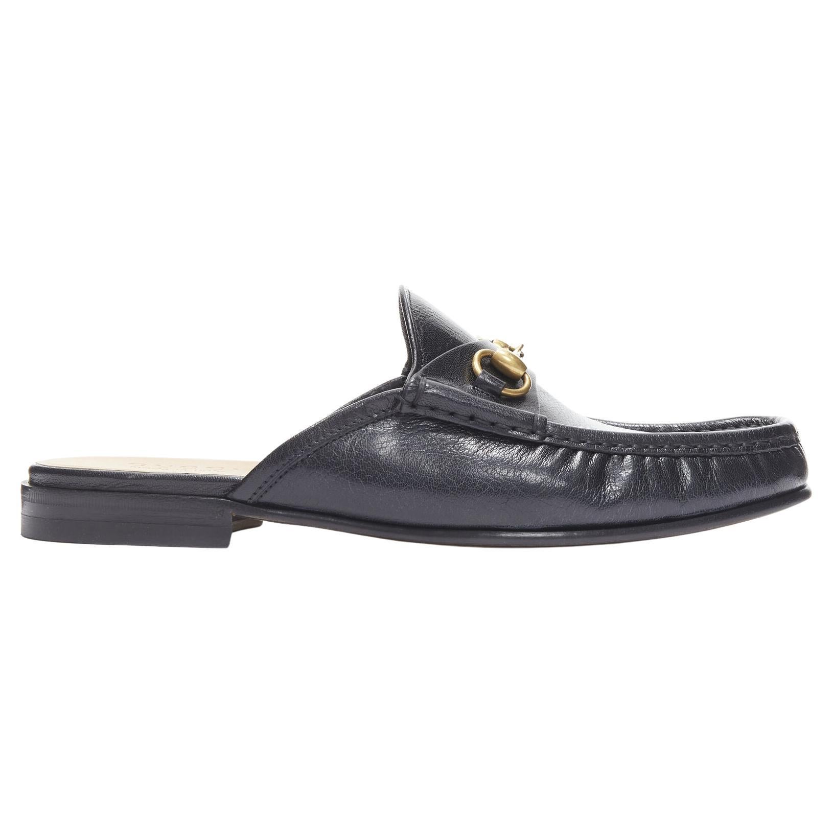 new GUCCI Quentin Nero black leather gold Horsebit slip on loafer EU9.5 EU42.5 For Sale