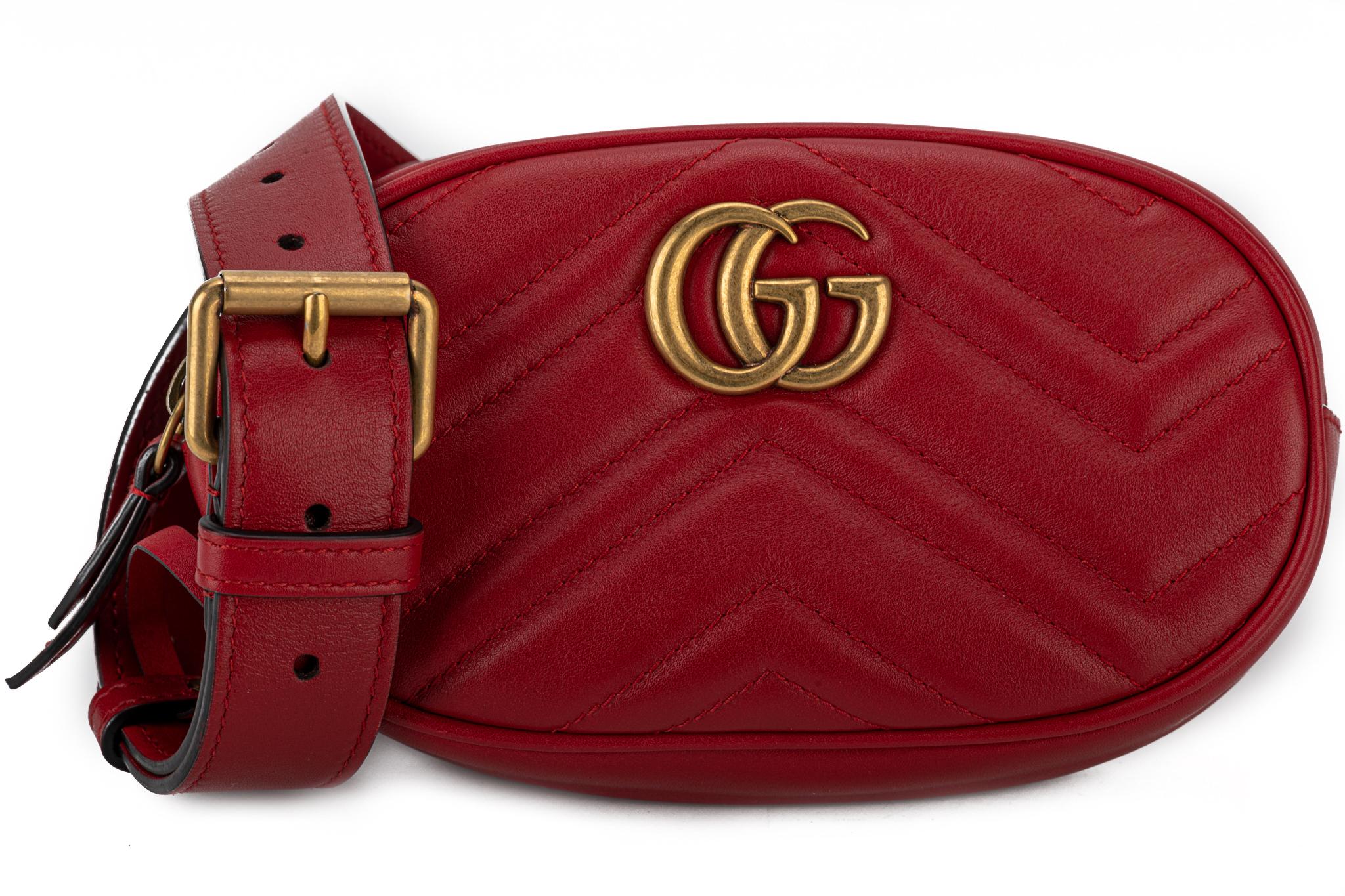New Gucci Red Leather Logo Fanny Pack Belt Bag with Box For Sale 1