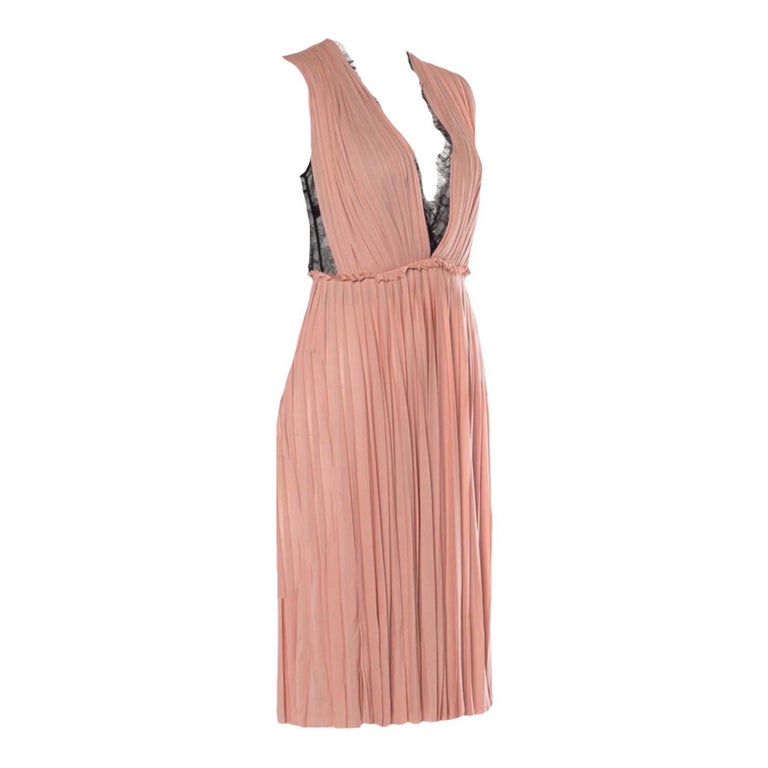 Brown NEW Gucci Ruched Nude Pink Godess Dress with Lace Insert Bodice XS For Sale