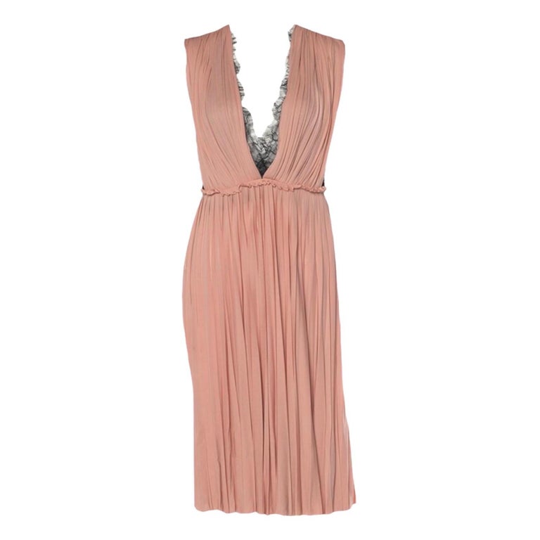 NEW Gucci Ruched Nude Pink Godess Dress with Lace Insert Bodice XS For Sale 1