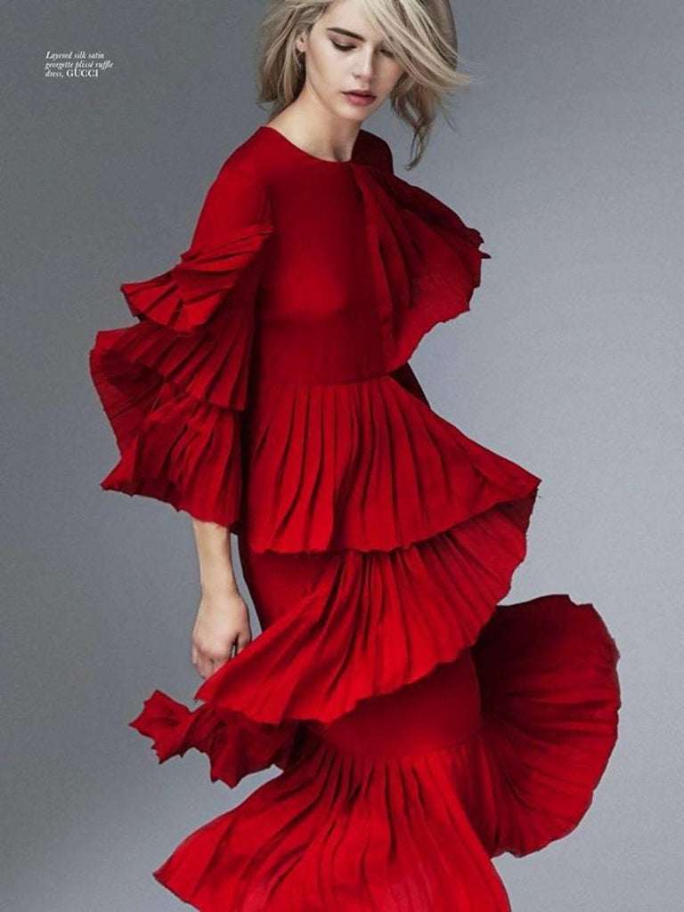 New Gucci Ruffled Silk-Georgette Hibiscus Red Dress It. 40
