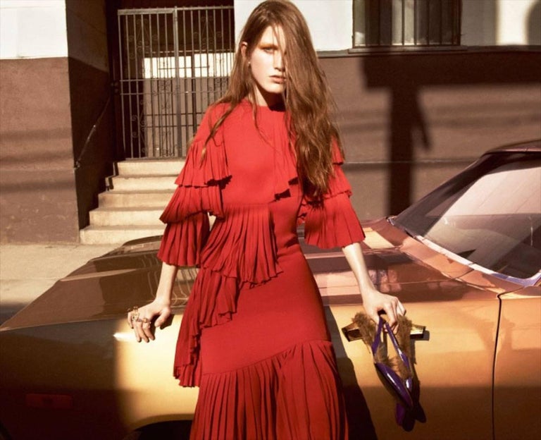 New Gucci Ruffled Silk-Georgette Hibiscus Red Dress It. 40