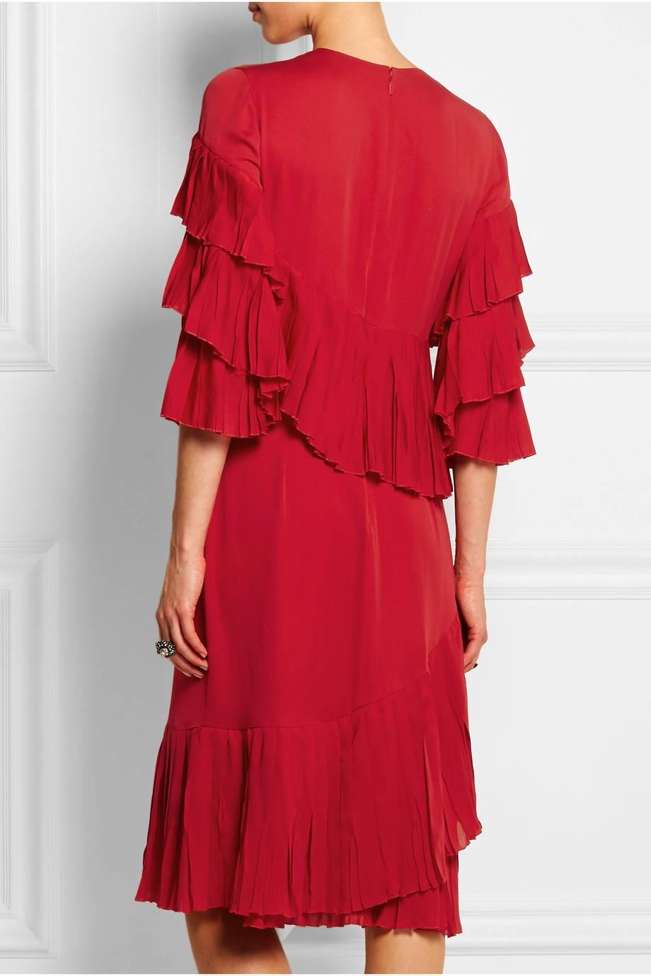 Women's New Gucci Ruffled Silk-Georgette Hibiscus Red Dress It. 40 For Sale