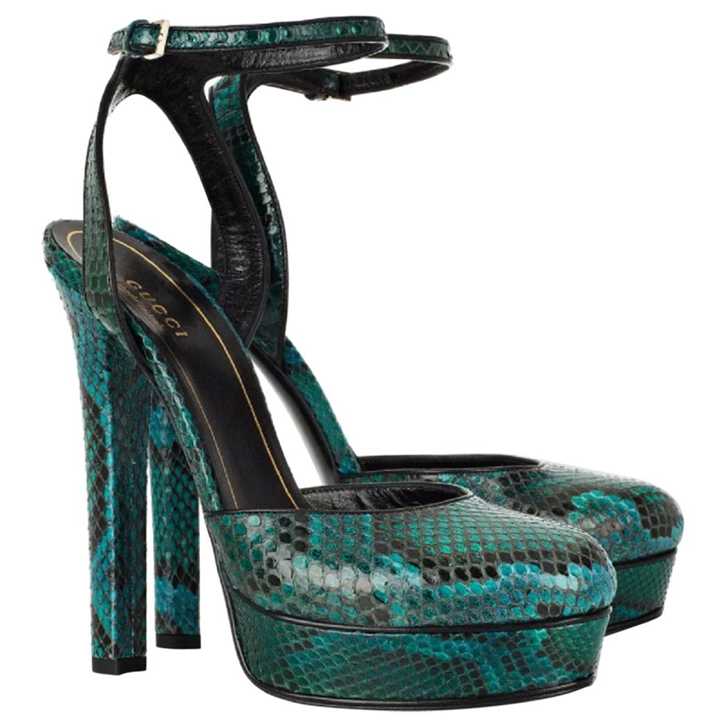 New Gucci Runway Huston Emerald Green Python Platform Sandals It 37 - US 7