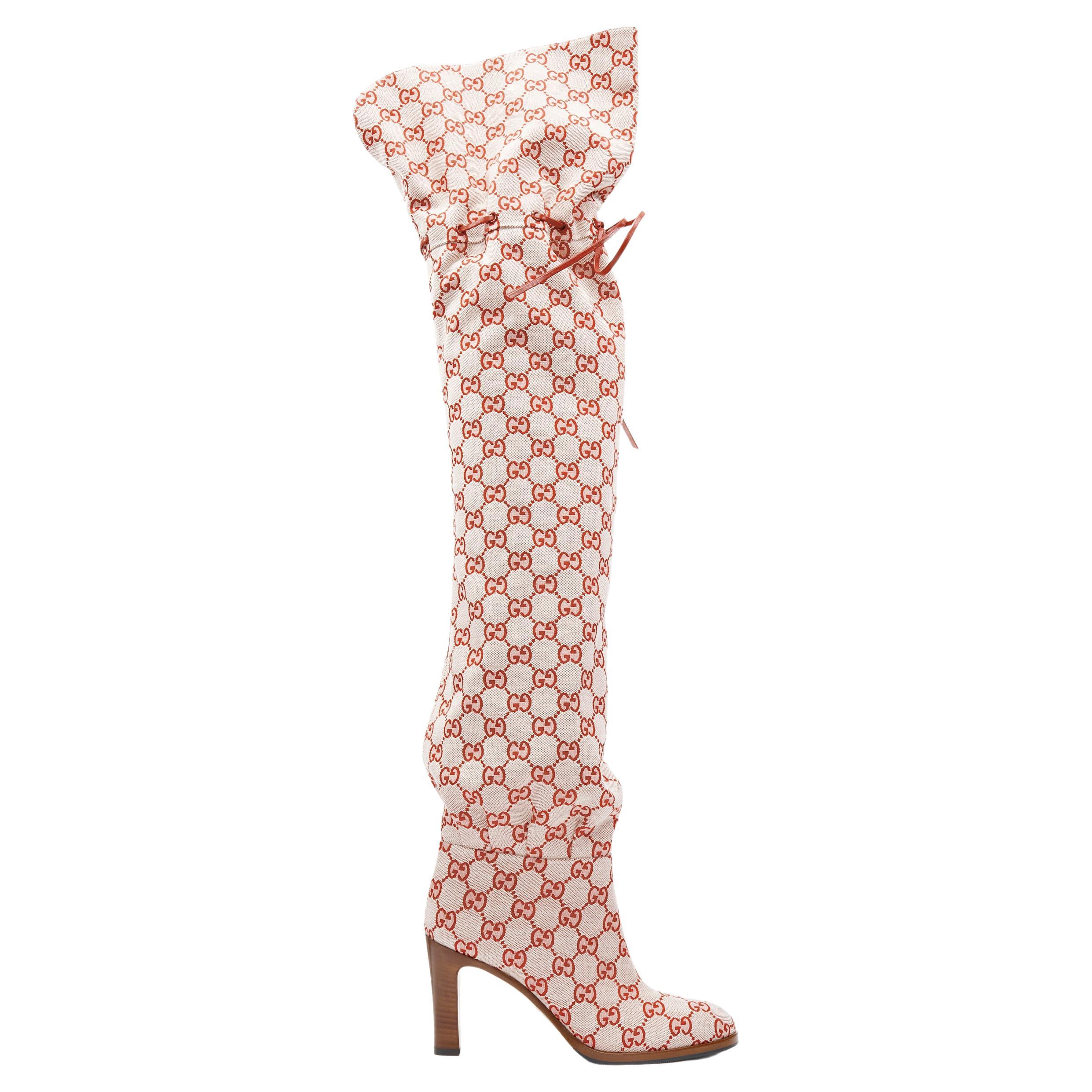 new GUCCI Runway Lisa pink monogram canvas leather tie over knee boot EU37  at 1stDibs | over the knee gucci boots