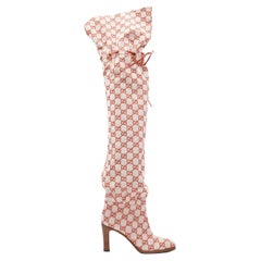 new GUCCI Runway Lisa pink monogram canvas leather tie over knee boot EU37