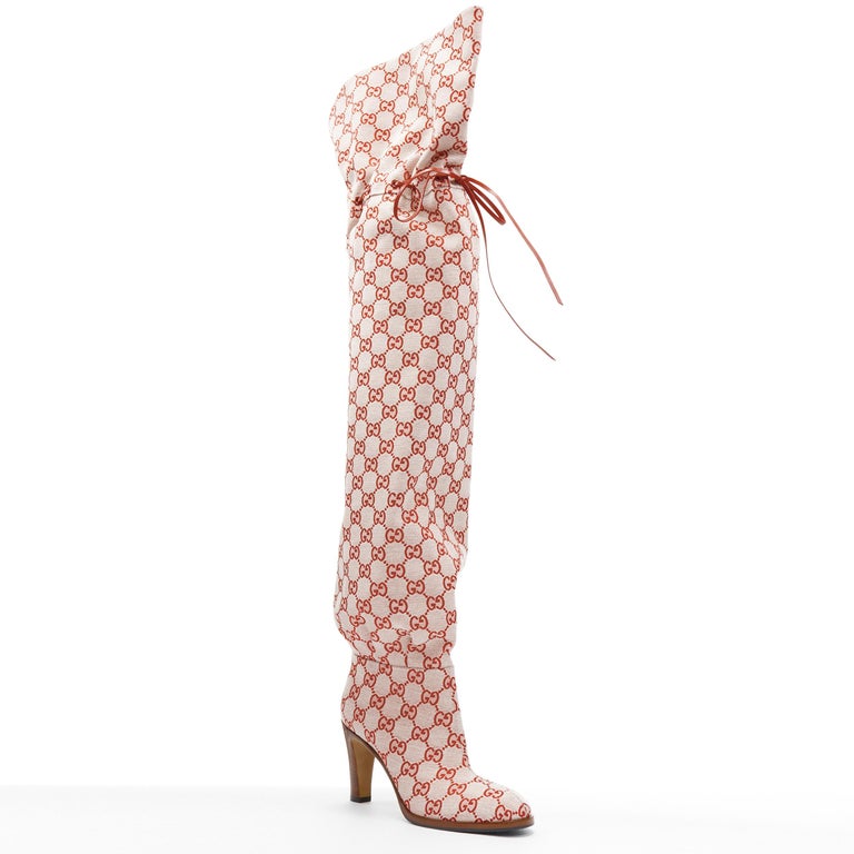 new GUCCI Runway Lisa pink monogram canvas leather tie over knee boot  EU37.5 For Sale at 1stDibs | beyonce gucci boots, pink gucci tie, gucci  monogram boots price