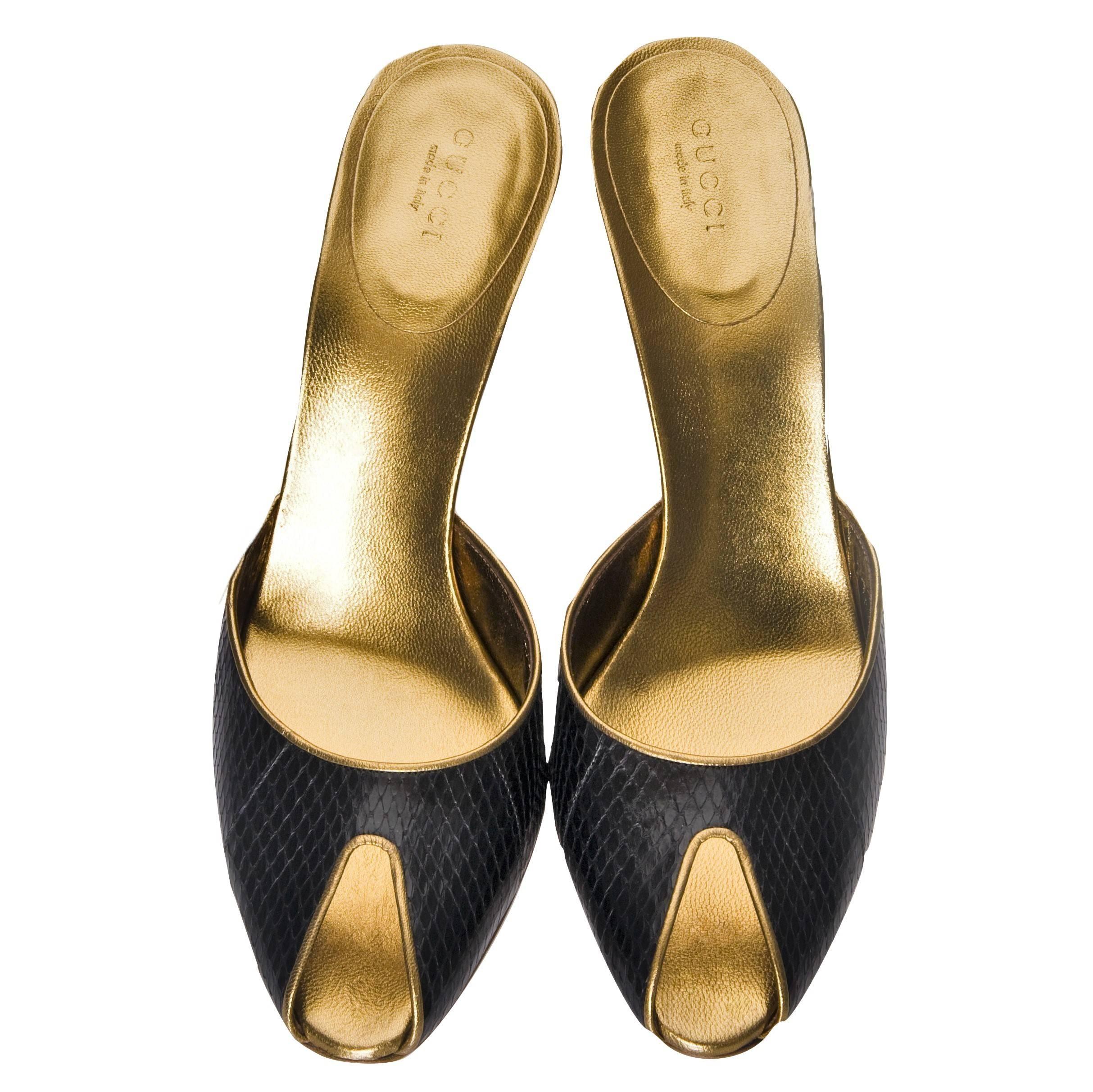 New Gucci Runway Python Gold Heeled Mules Sz 9.5 in vendita 2