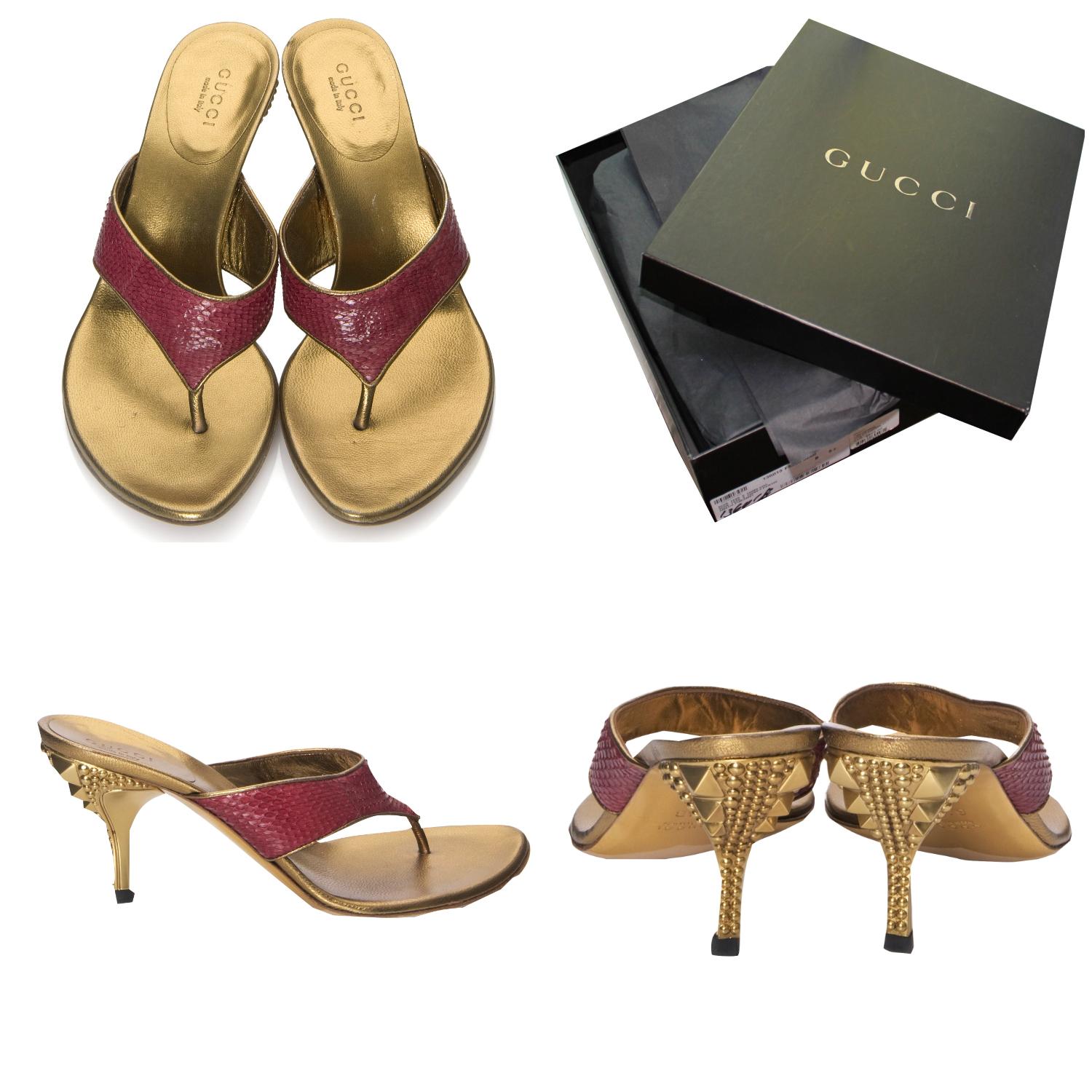 Marrone Nuovo Gucci Runway Python Snakeskin Gold Heel Mules Sz 6.5 in vendita