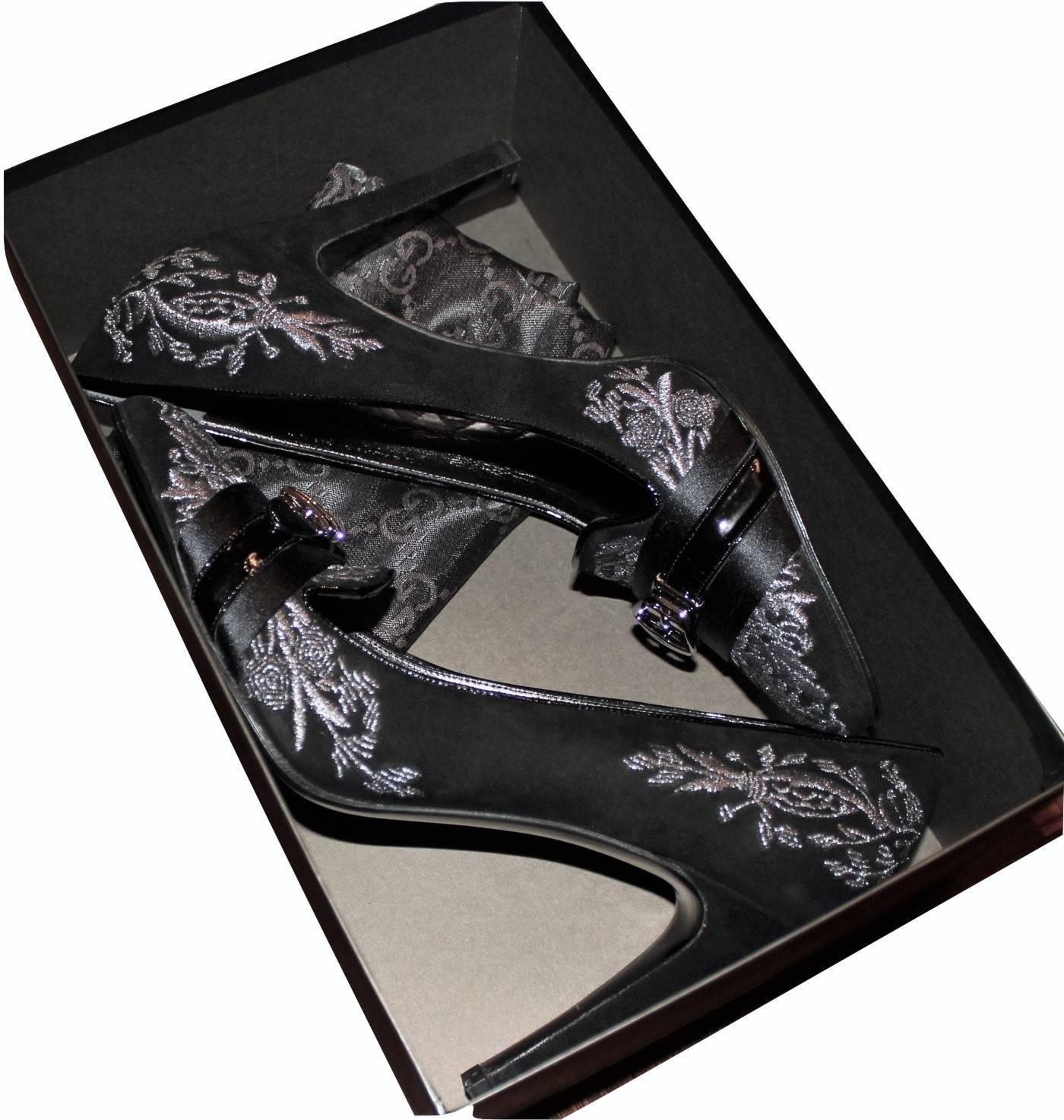 Neu Gucci Laufsteg Wildleder Brokat Schnalle Heels mit Absatz Gr. 37 15