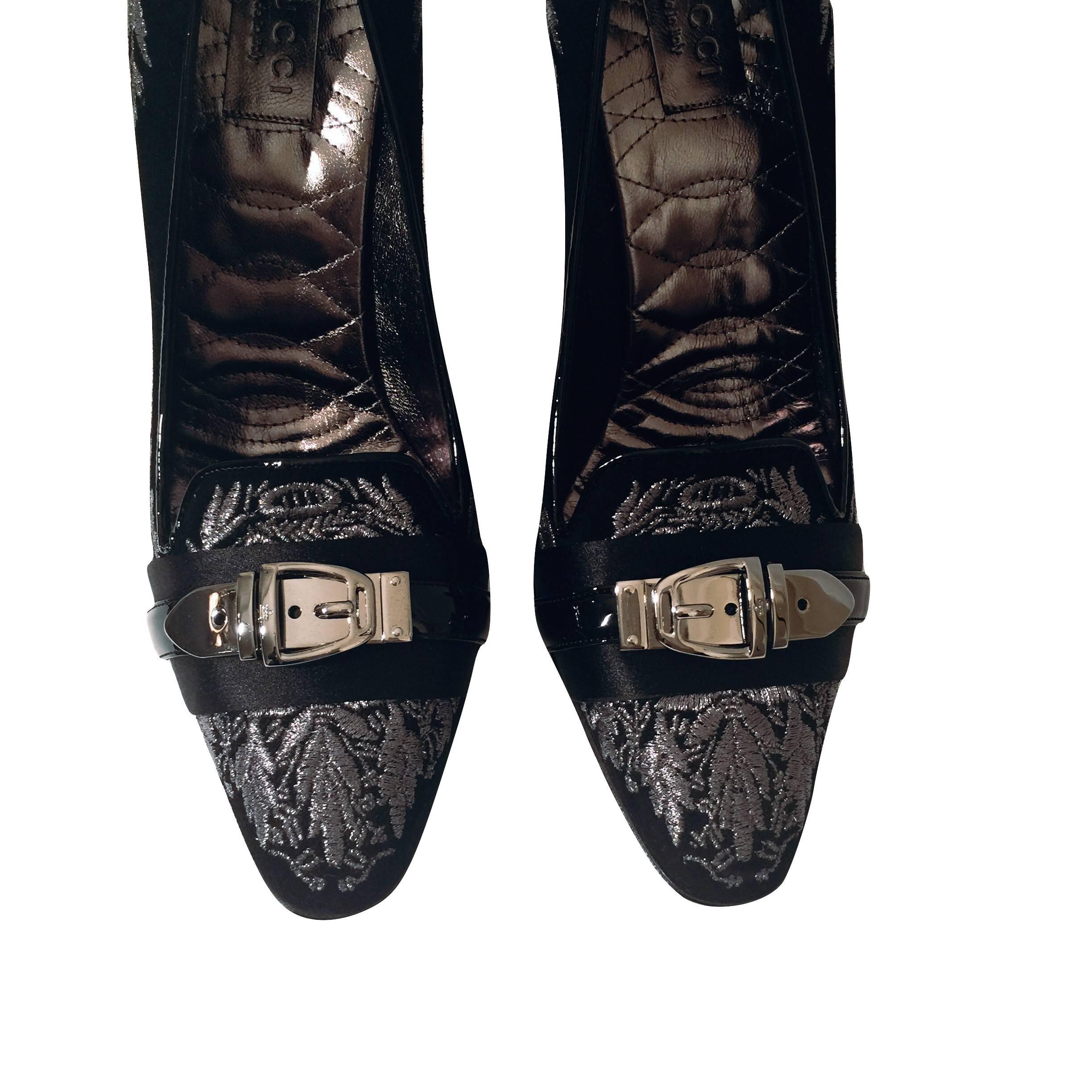 New Gucci Runway Suede Brocade Buckle Heels Pumps Sz 37.5 7