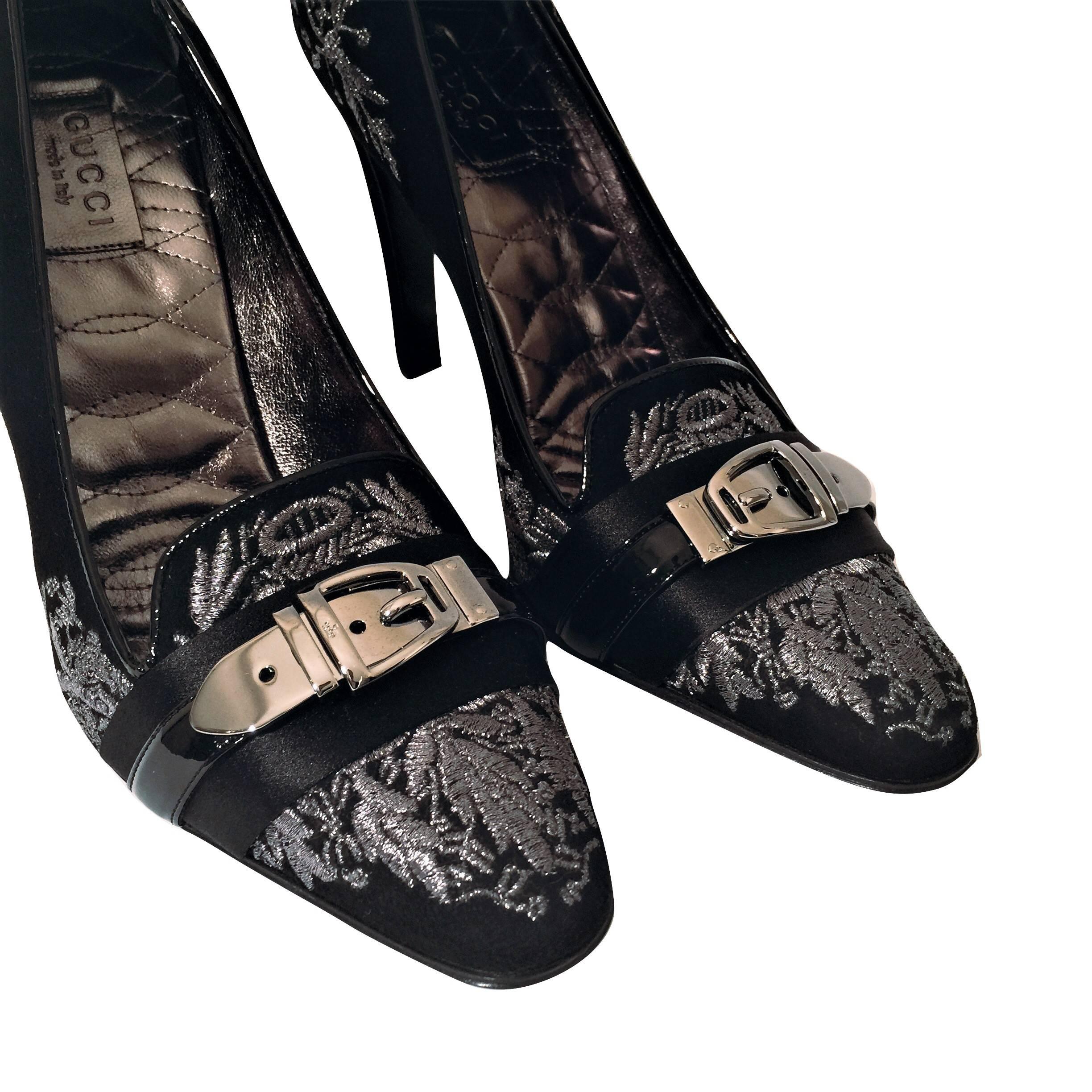 New Gucci Runway Suede Brocade Buckle Heels Pumps Sz 37.5 3